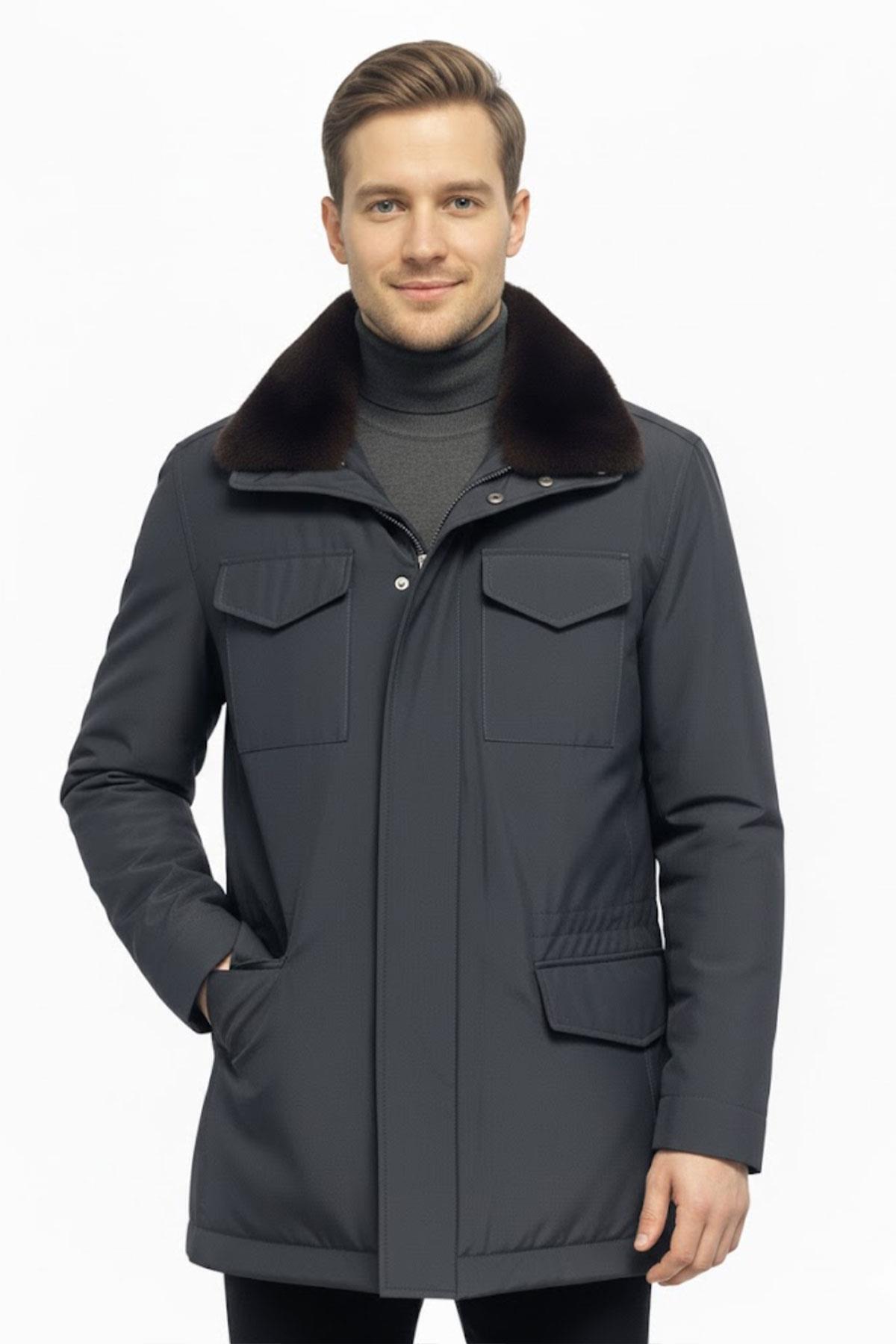 دریدریم پالتو مردانه ضد آب یقه خز اصل لارین سرمه‌ای