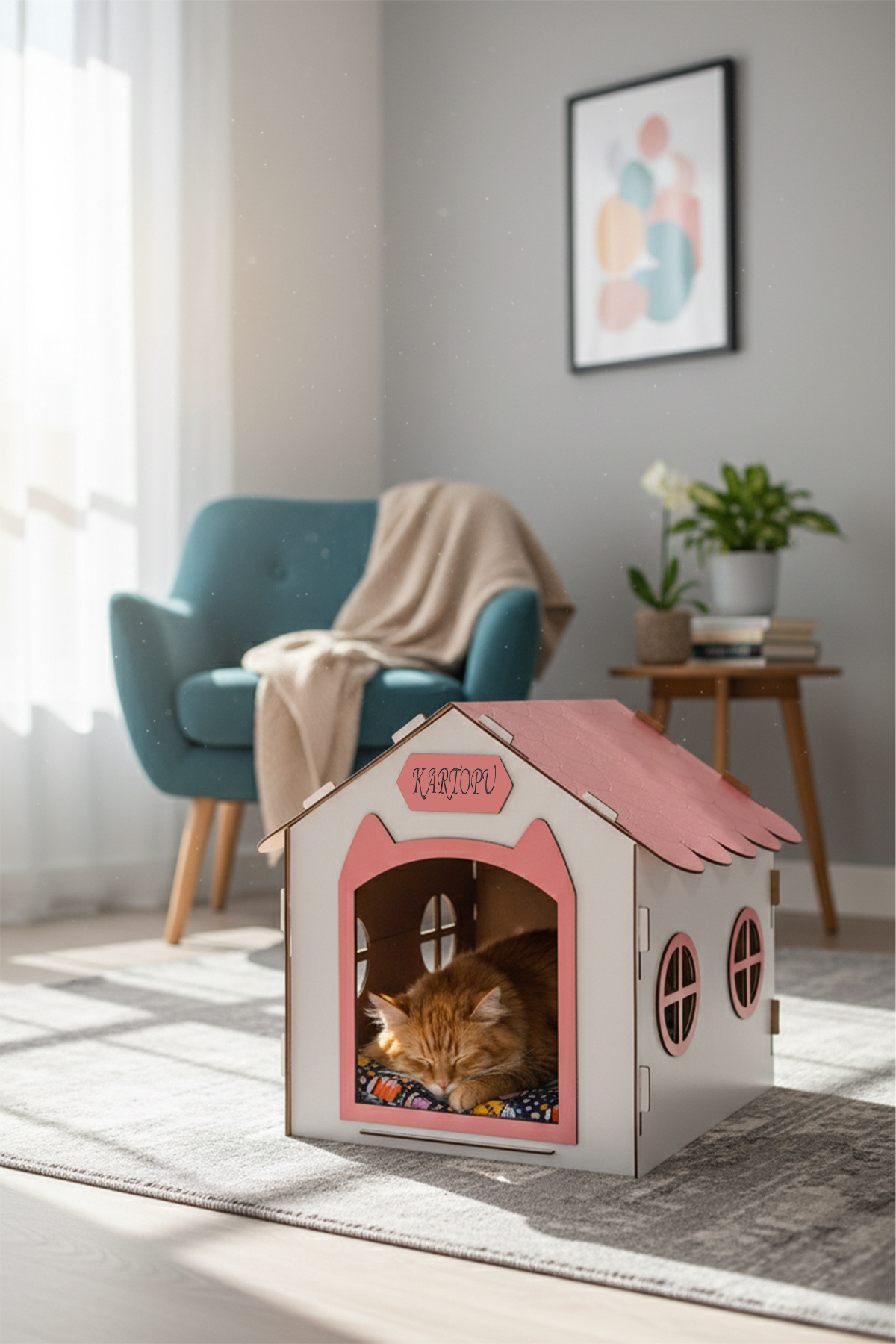 GOBYPET Ahşap Özel İsim Baskılı Dekoratif Kedi Evi-Kulübesi, Kediler İçin Kulübe, Kedi Kulübesi Beyaz-Pembe