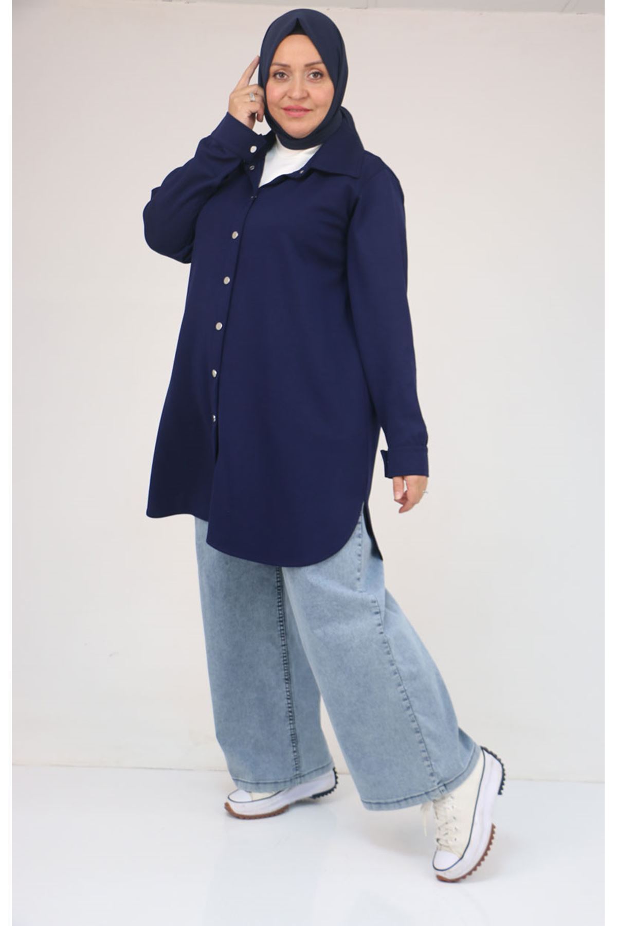 Eslina 58168 Büyük Beden Erkek Yakalı Çıtçıtlı Modal Tunik - İndigo