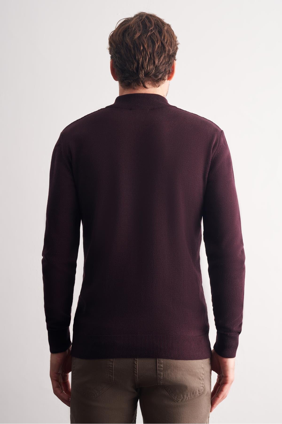 İmza  Mürdüm Dik Yaka Uzun Kol Cepsiz Slim Fit Casual Pamuklu Triko Kazak 1012255108 - Görsel 5