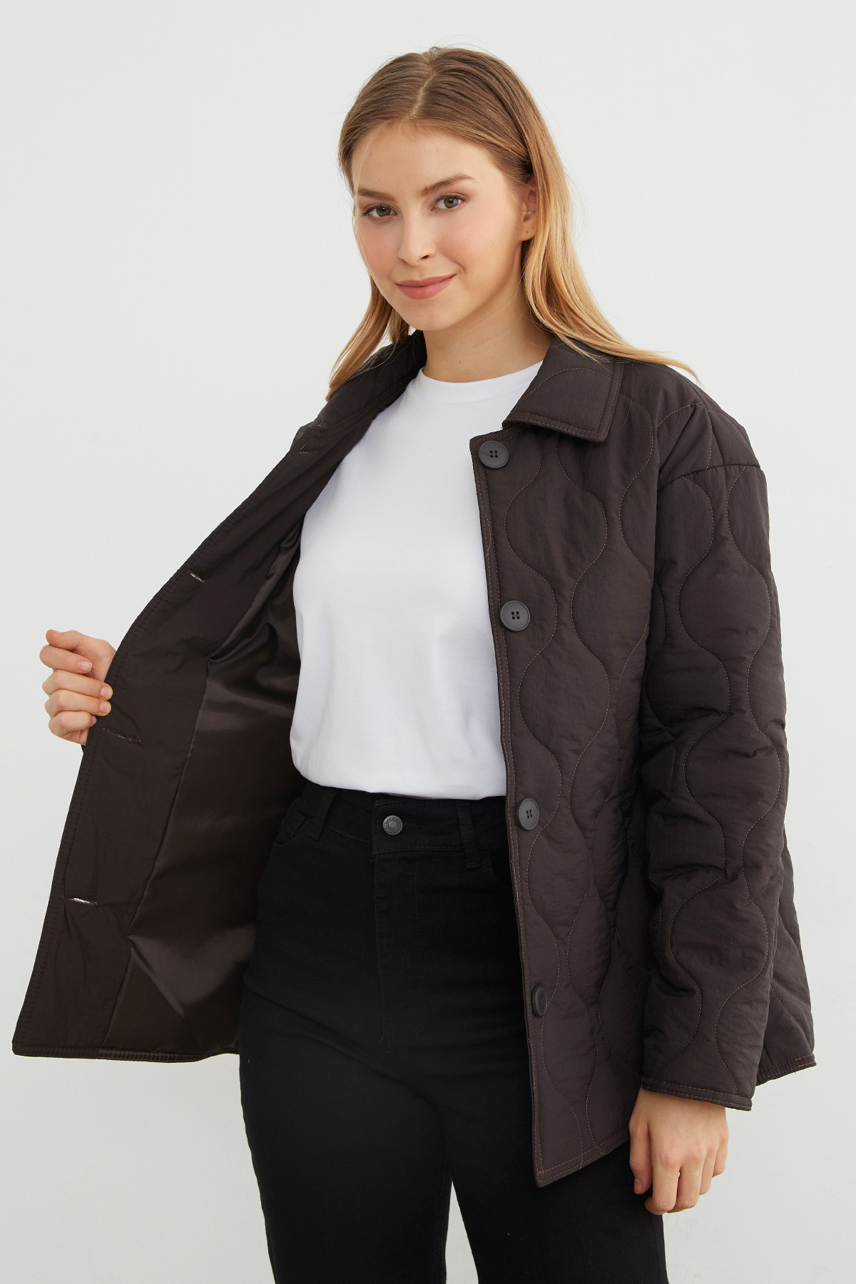 Fulla Moda Su Yolu Desenli Oversize Düğmeli Mont