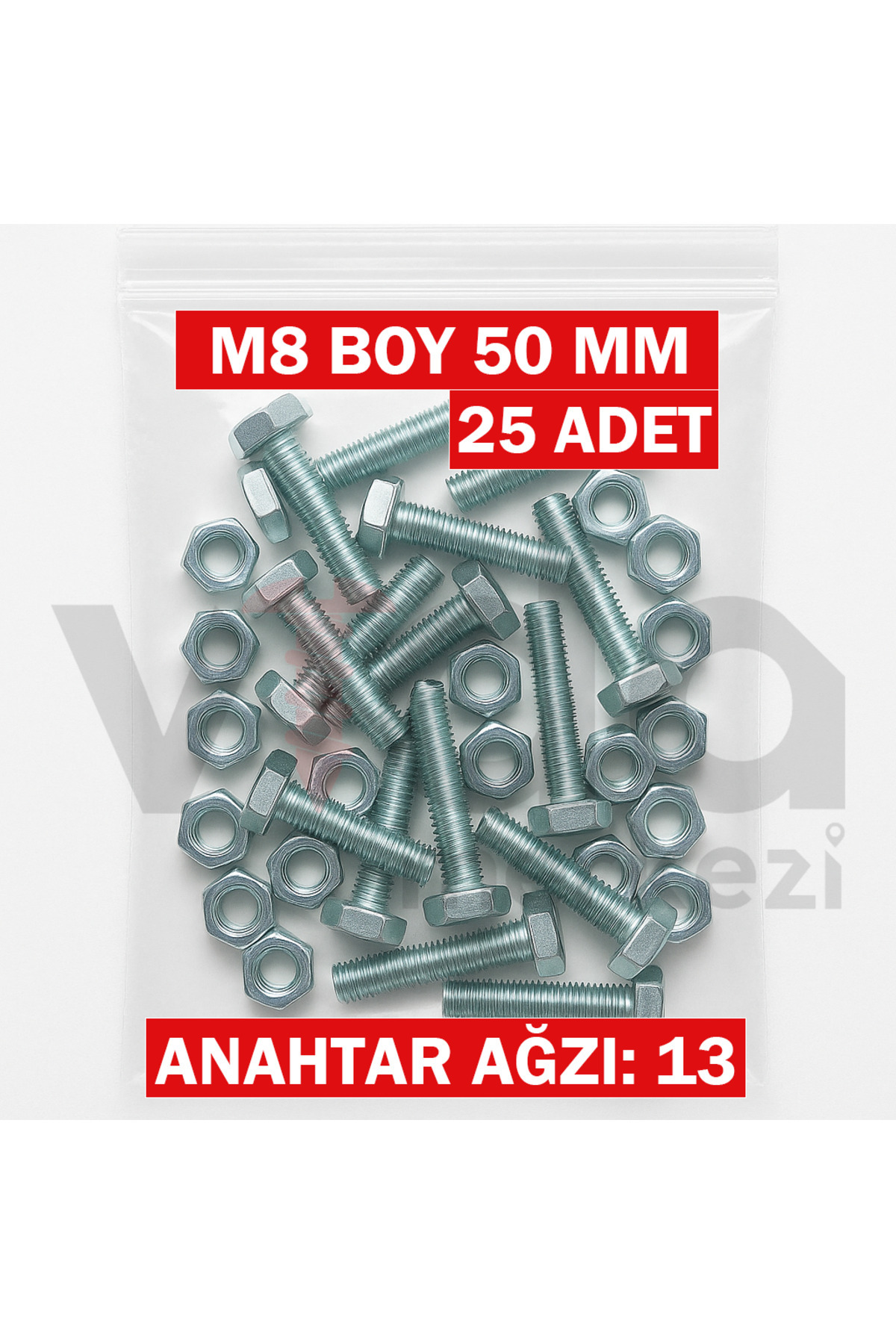 M8x50 Hexagon Bolt + Nut Set – Zinc Coated – 25 Pieces Set