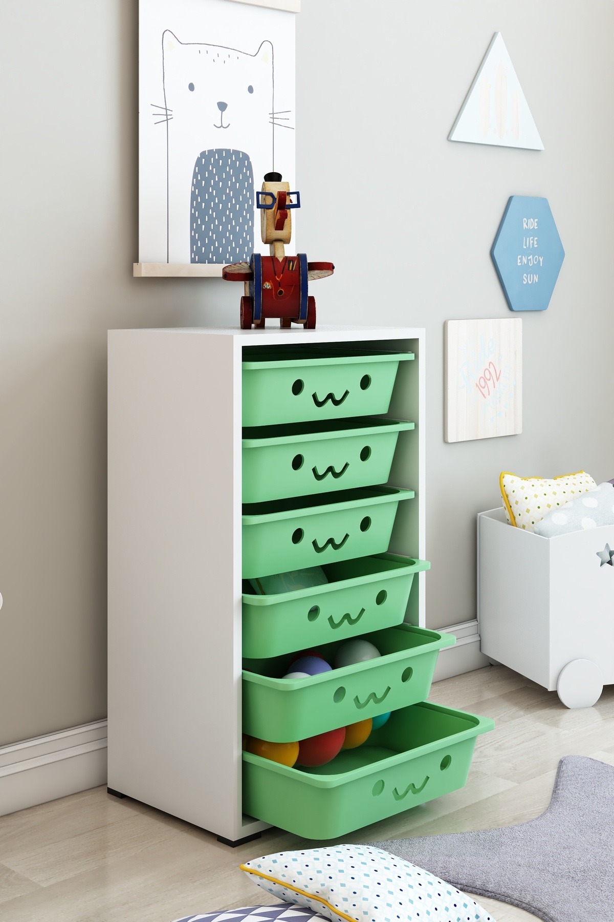 DEKOZUM KİDS 6 Sepetli Gülenyüzlü Oyuncak Dolabı Organizeri Oyuncak Kutusu Oyuncak Box