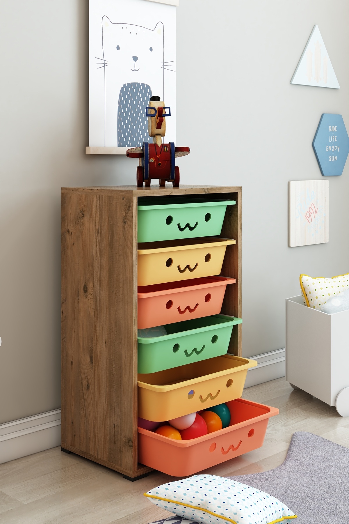 DEKOZUM KİDS 6 Sepetli Gülenyüzlü Oyuncak Dolabı Organizeri Oyuncak Kutusu Oyuncak Box