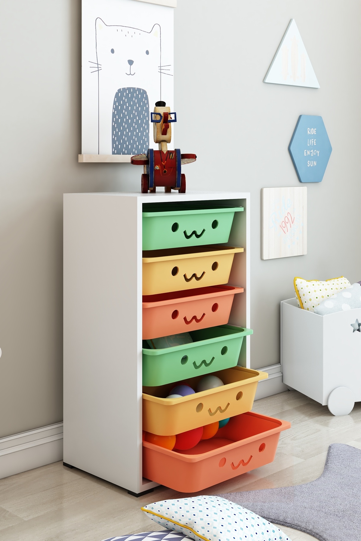 DEKOZUM KİDS 6 Sepetli Gülenyüzlü Oyuncak Dolabı Organizeri Oyuncak Kutusu Oyuncak Box