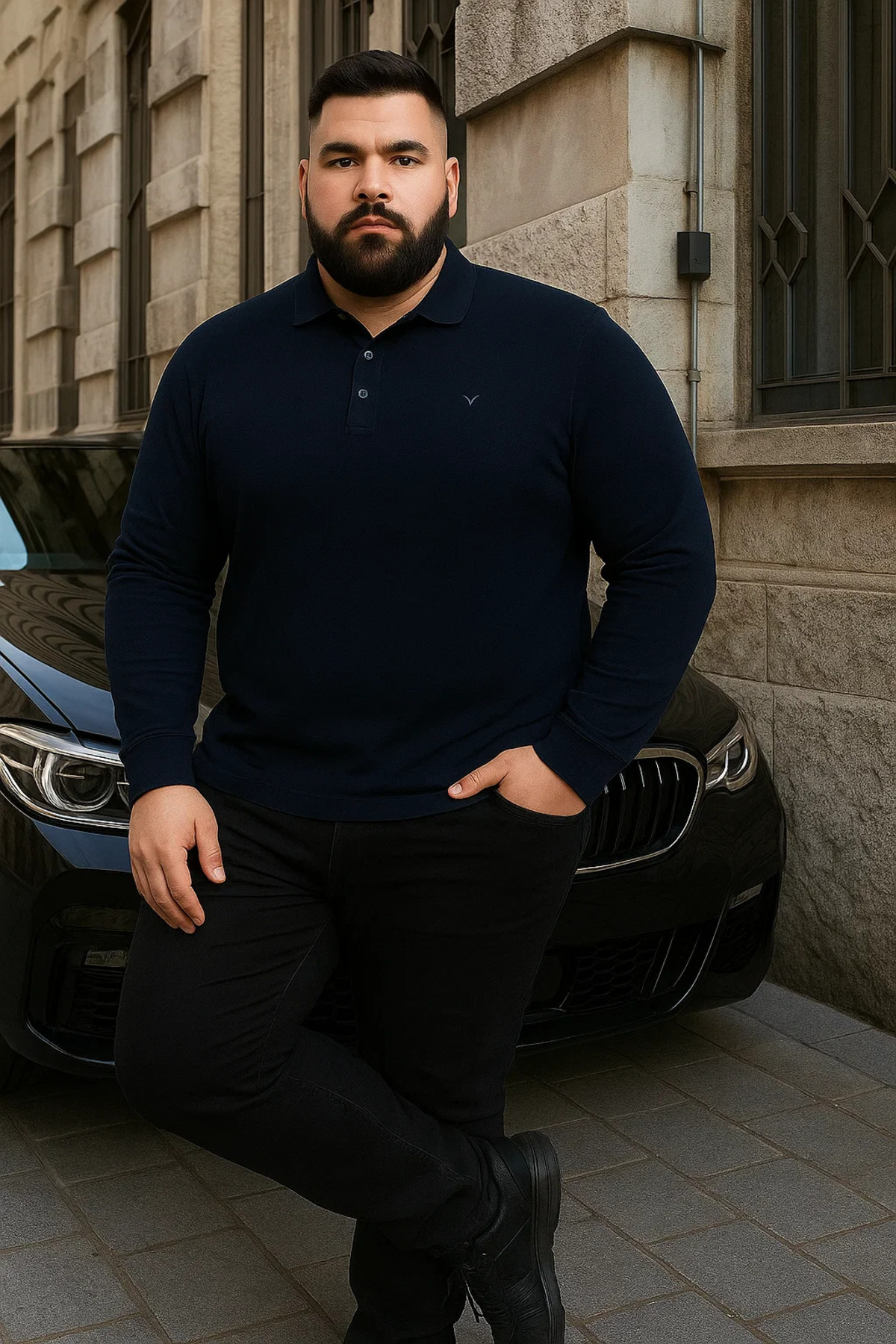 Maccali Erkek Büyük Beden Kışlık Bol Lacivert Polo Yaka Kazak görsel 4