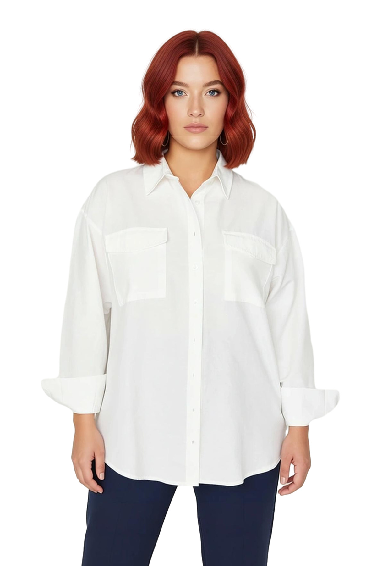 Kadın Büyük Beden Oversize Poplin Dokuma Uzun Kollu Çift Cepli Etek Yırtmaçlı Gömlek Rahat