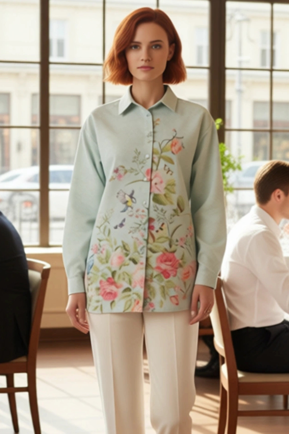 Kadın Oversize Keten Görünümlü Dokuma Çiçek Desenli Uzun Kollu Bahar Yaz Stili Fonksiyonel