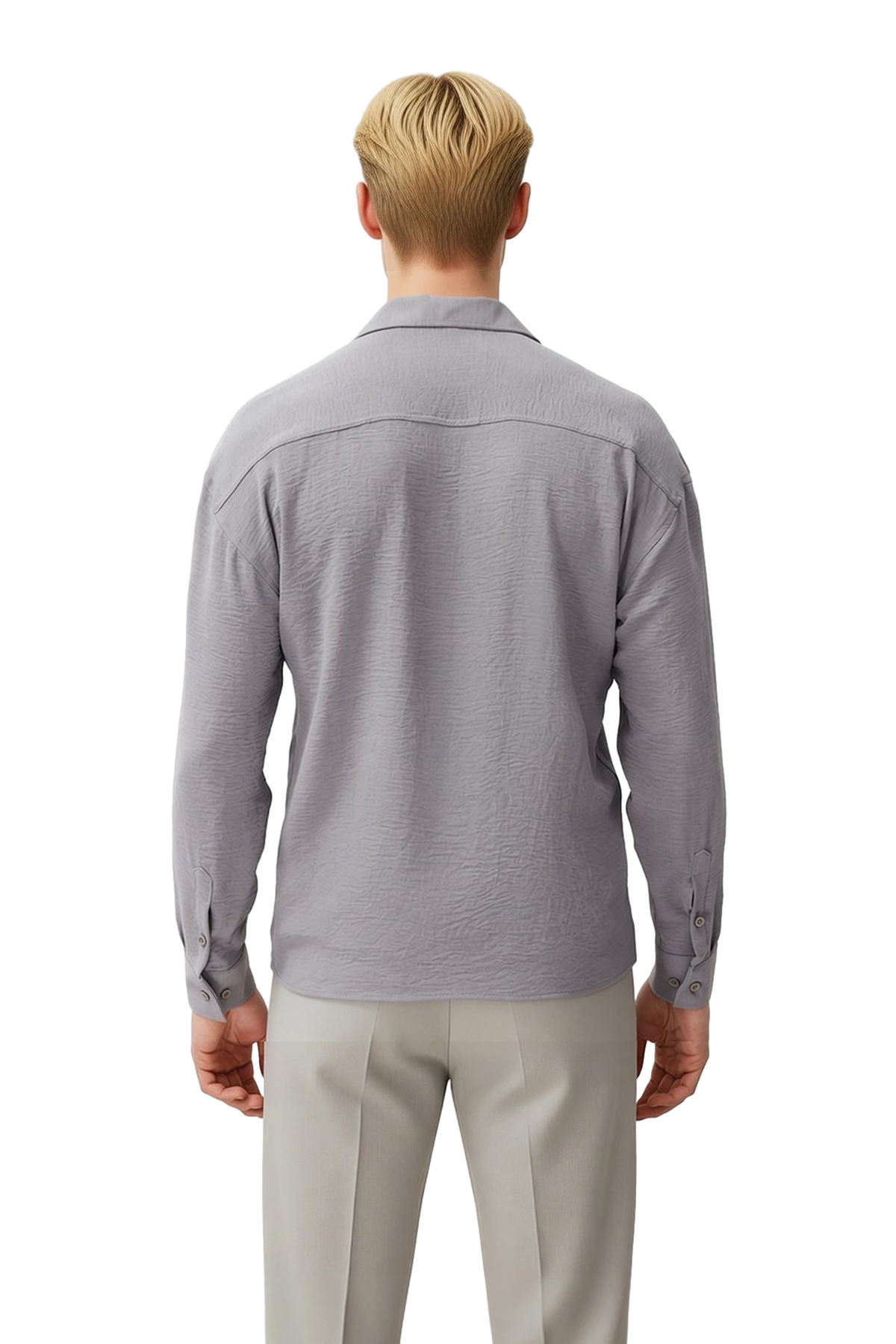Erkek Oversize Fit Apaş Yaka Uzun Kollu Düz Desenli Dokuma Keten Görünümlü Gömlek Yaz Stili