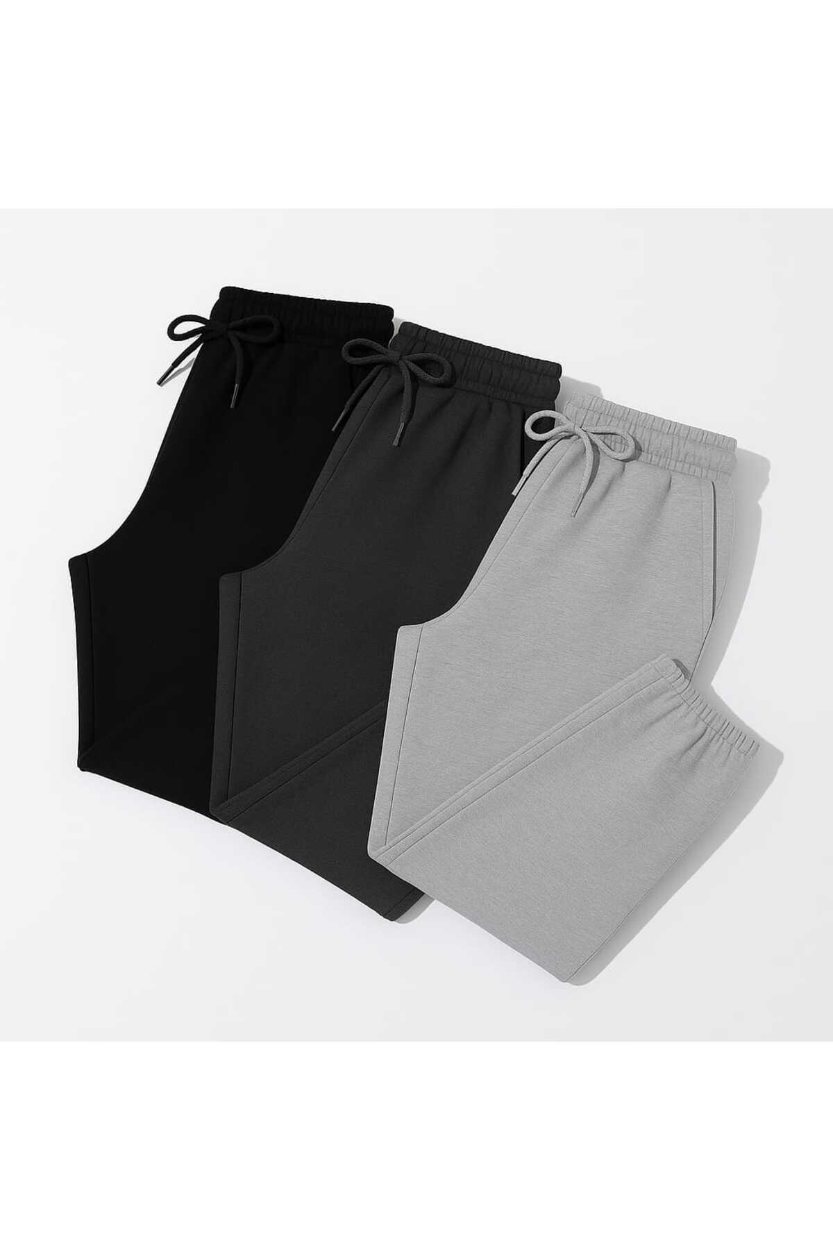 TREND ALİSSE 3 {adet} Erkek Siyah-antrasit-gri Jogger Eşofman Altı - Paça Lastikli Cepli Slim Fit Eşofman Alt