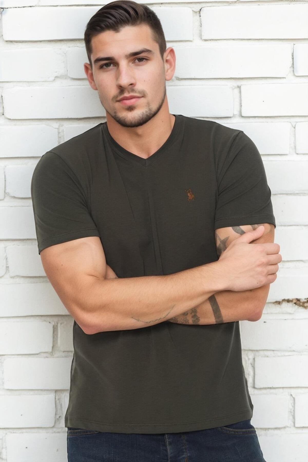 دوبری تی شرت مردانه یقه هفت T9568 - خاکی