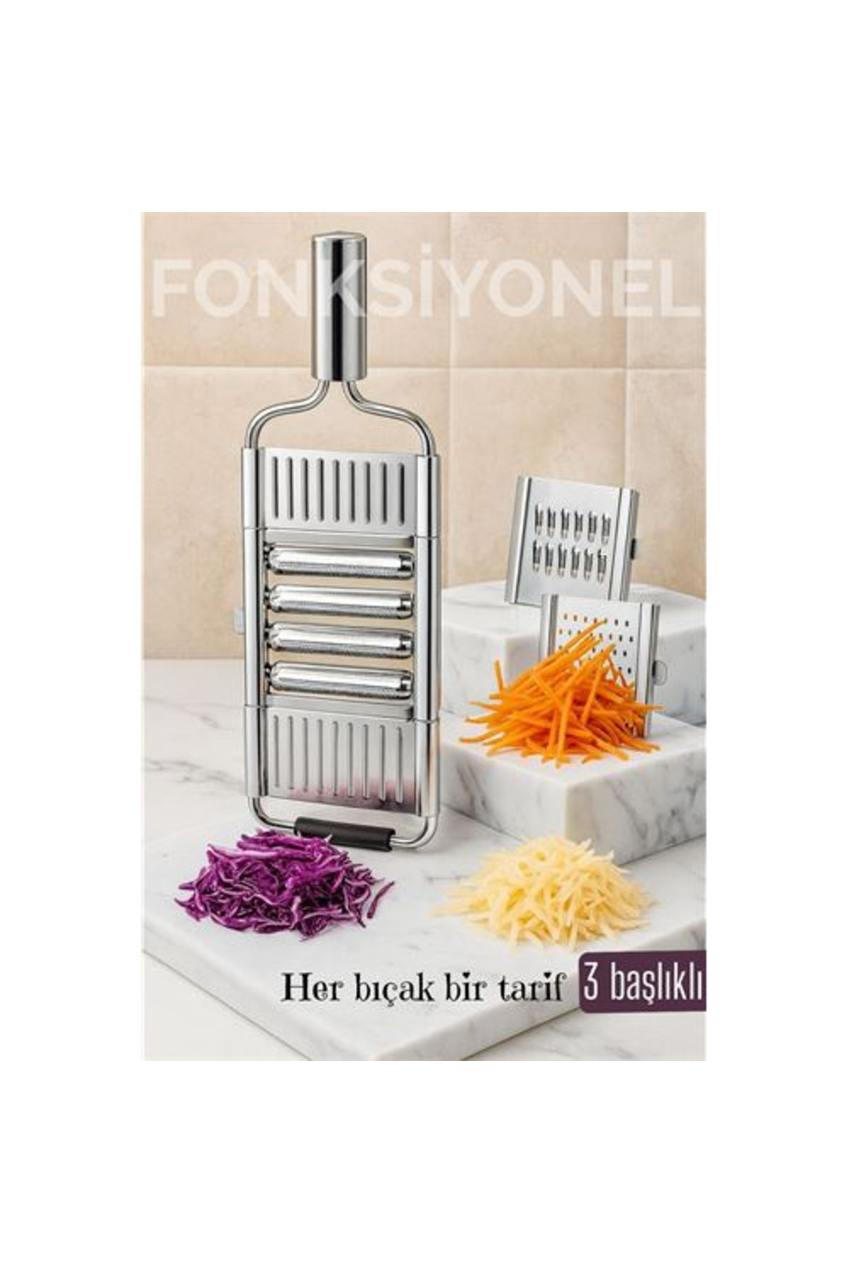 mudikonsept Paslanmaz Çelik Sebze Rendesi - Değiştirilebilir 3 Bıçaklı Çok Fonksiyonlu Hızlı ve Pratik
