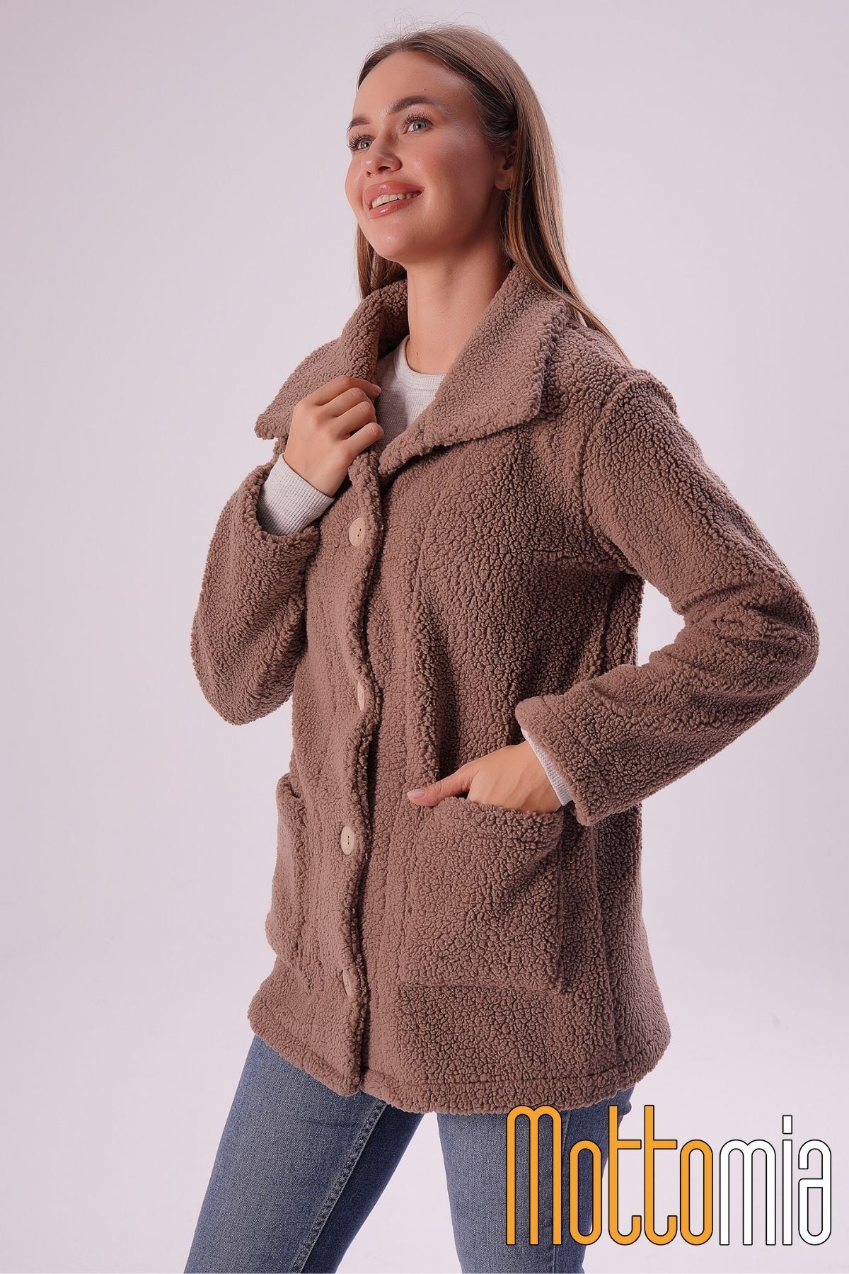Women's Lamb Soft Coat with Brown Button Oversize Pockets Soft Warm Winter Coat