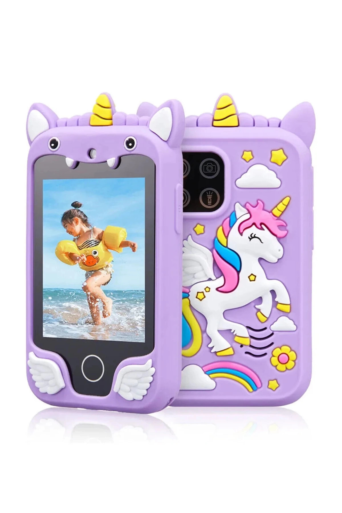 eco port Çocuklar İçin Eğitici Telefon Dokunmatik Ekran Çift Kameralı Fenerli Müzik Çalar Oyun Video Mor