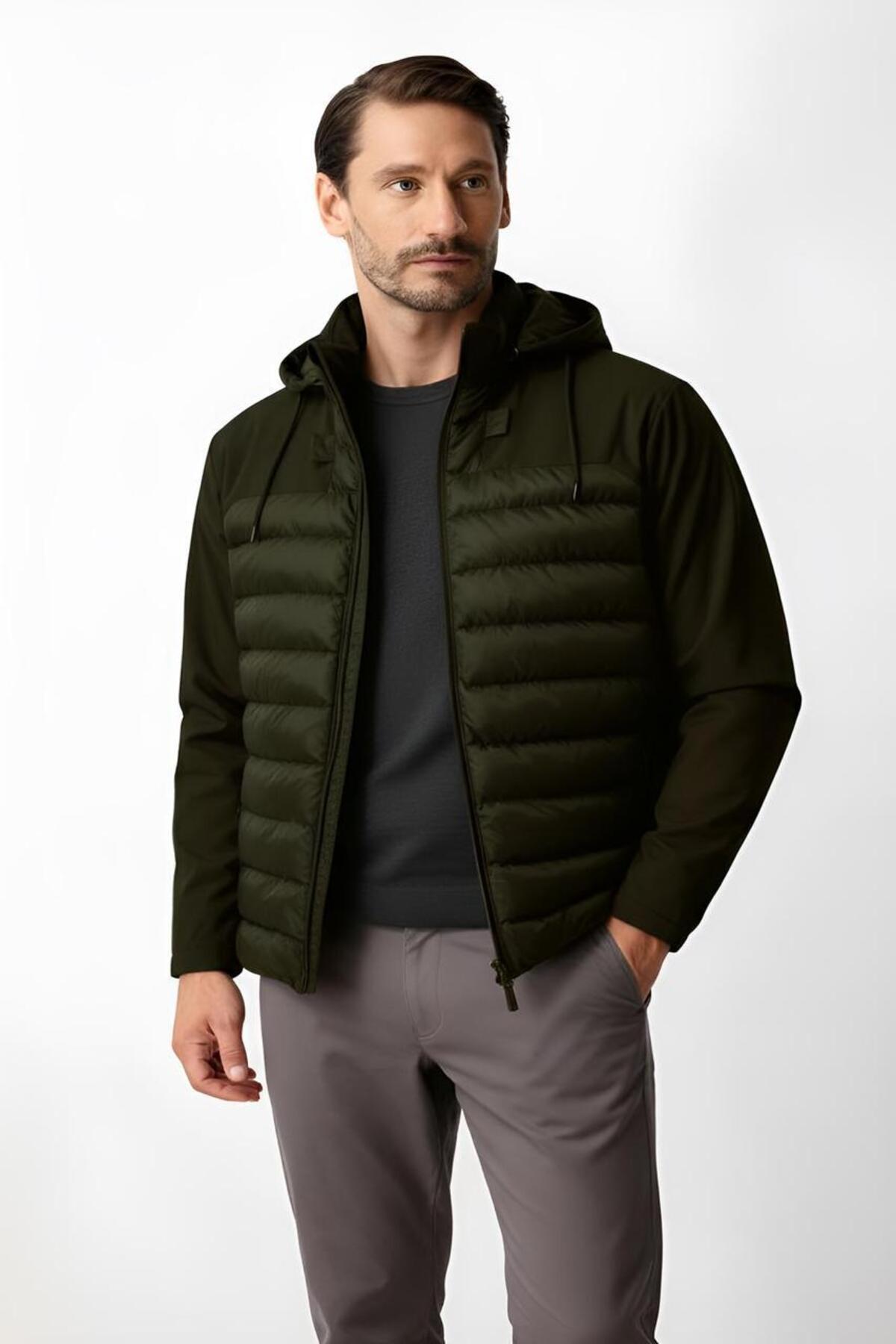 Haki Standart Fit Kapüşonlu Kapitone Gövdeli Fermuarlı Hibrit Erkek Mont — خاکی 2194100100STD — تصویر 4 از 4