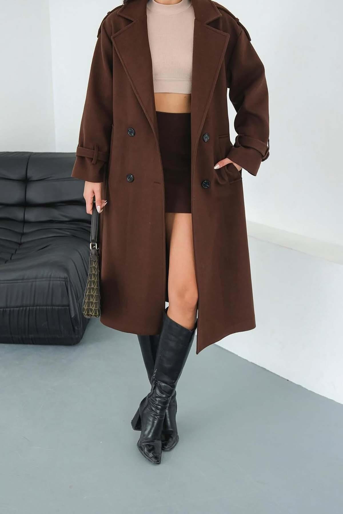 My Loore  Kadın Kahverengi Bağlama Detaylı Astarlı Kaşe Kaban - Görsel 2