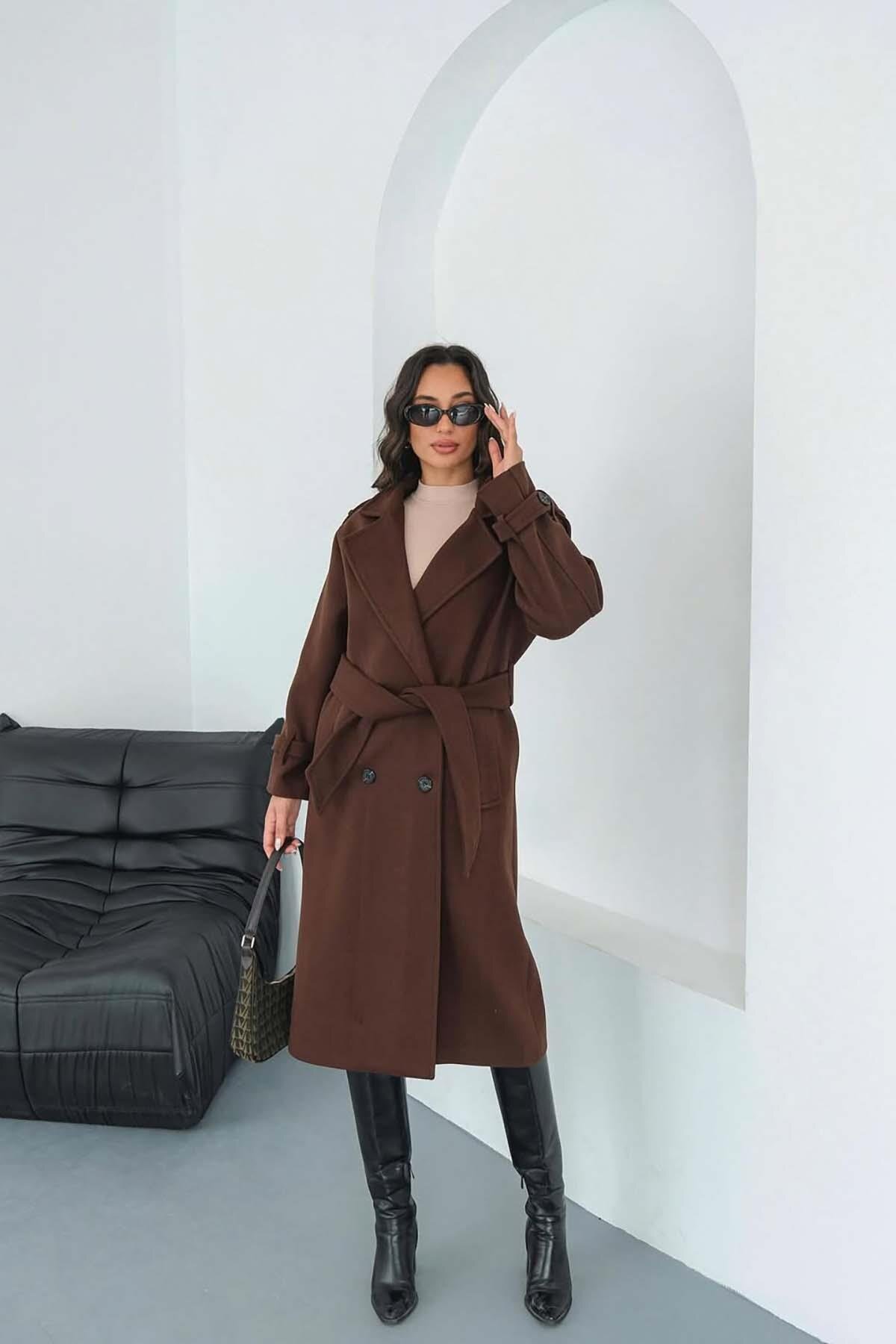 My Loore  Kadın Kahverengi Bağlama Detaylı Astarlı Kaşe Kaban - Görsel 4