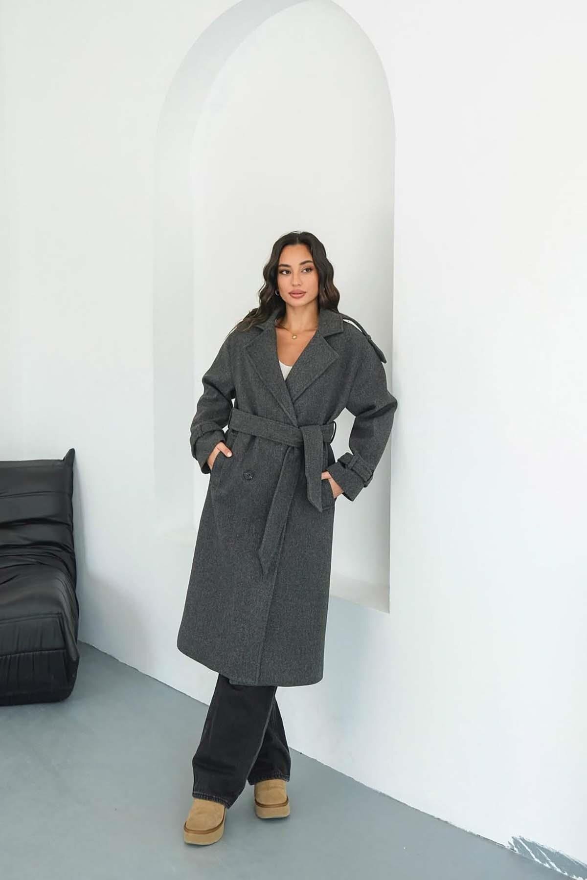 My Loore Kadın Antrasit Bağlama Detaylı Astarlı Salaş Kaşe Kaban MLB096