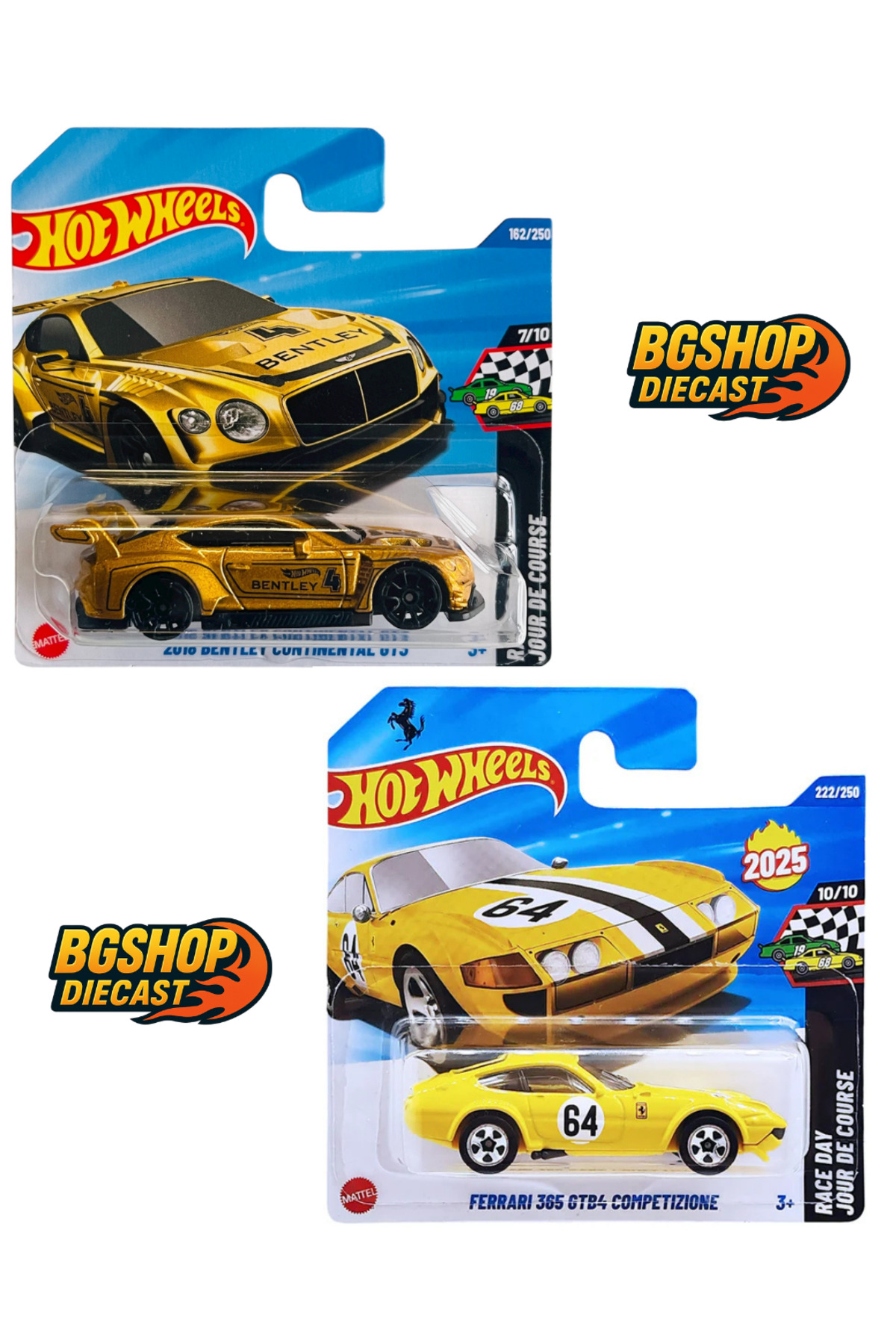 HOT WHEELS 2018 Bentley Continental GT3 (Gold) - Ferrari 365 GTB4