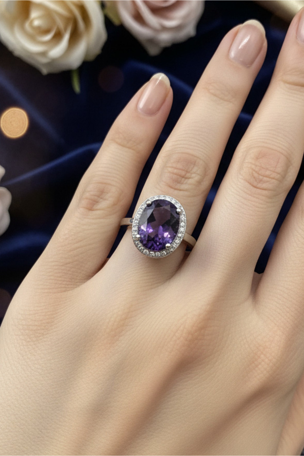 Dağıstanlı Kuyumculuk 14 Ayar Beyaz Altın Ametist Taşlı Oval Anturaj Yüzük
