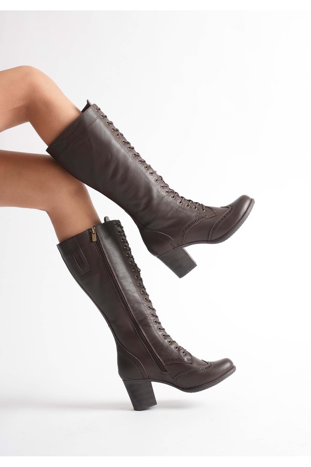 ANALİN SHOES Kadın Hakiki Deri Bağcıklı Topuklu Çizme - Kahve görsel 3