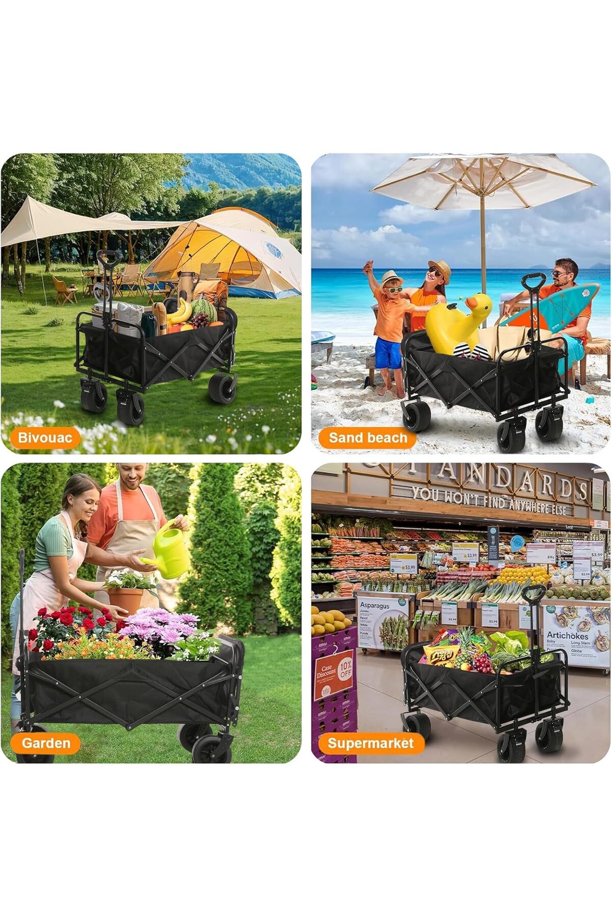 🛒 عربة تخييم قابلة للطي لجميع التضاريس بمقبض قابل للتعديل وفرامل – تصميم عملي للتنقل بكل راحة 200كج