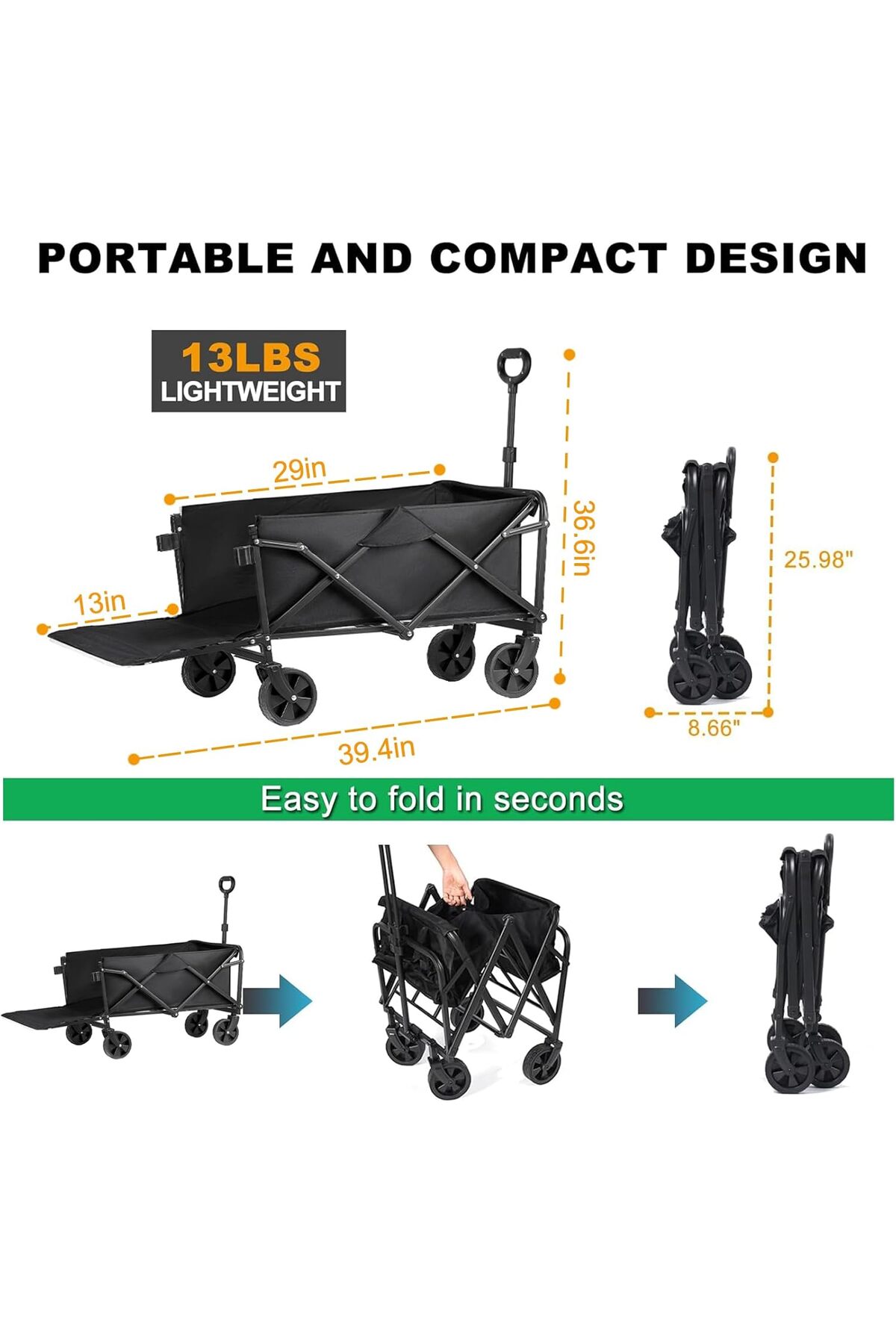 🛒 عربة تخييم قابلة للطي لجميع التضاريس بمقبض قابل للتعديل وفرامل – تصميم عملي للتنقل بكل راحة 200كج