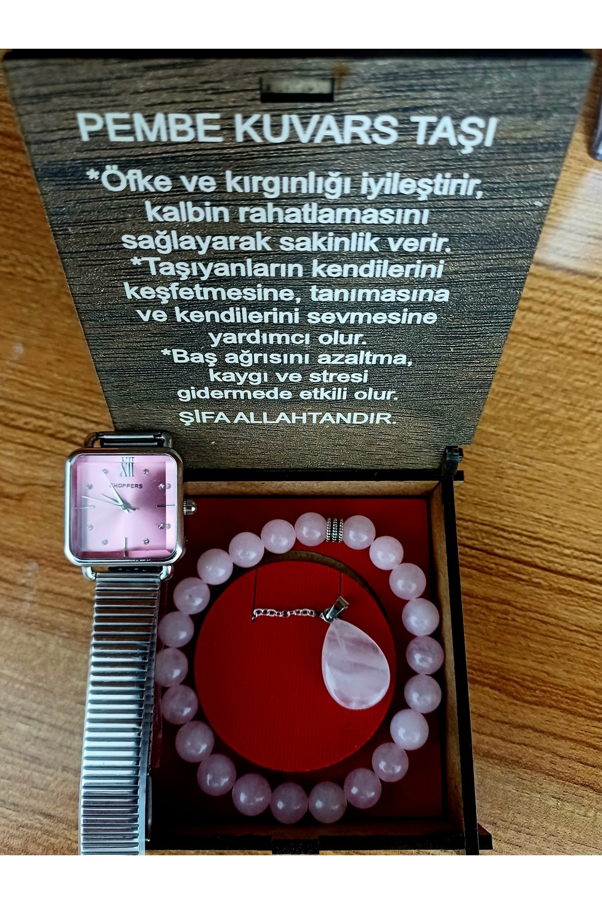 CHOPPERSS Lüx Çelik Kasa Kadın Saat,Pembe Kuvars Taşı Bileklik ve Kolye