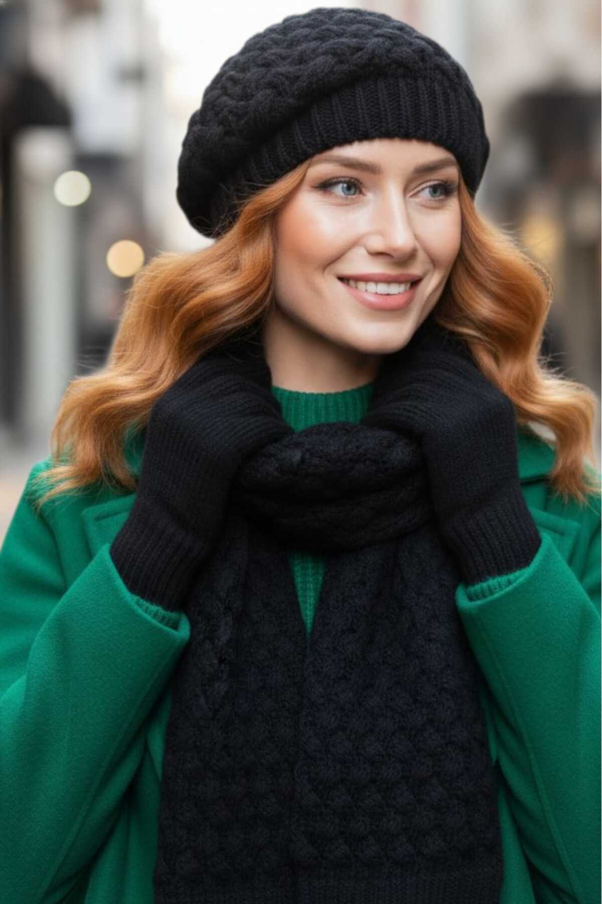 Trenderrs Kadın 3'Lü Örgü Desenli Bere Atkı Eldiven Takım