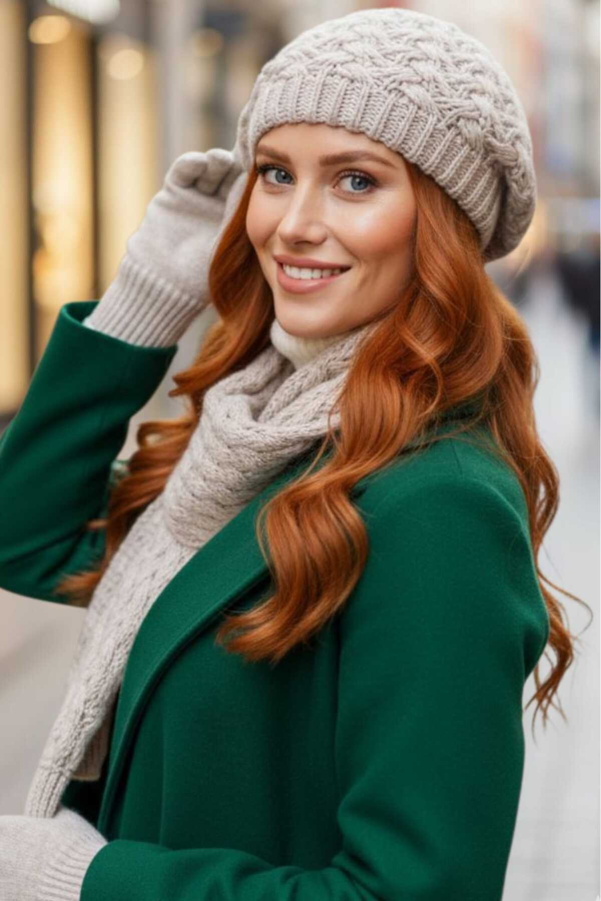 Trenderrs Kadın 3'Lü Örgü Desenli Bere Atkı Eldiven Takım