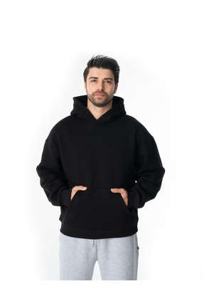 TİMSHEL ERKEK KAPŞONLU KANGRU CEPLİ SWEATSHİRT OWERSİZE HOODİE SİYAH
