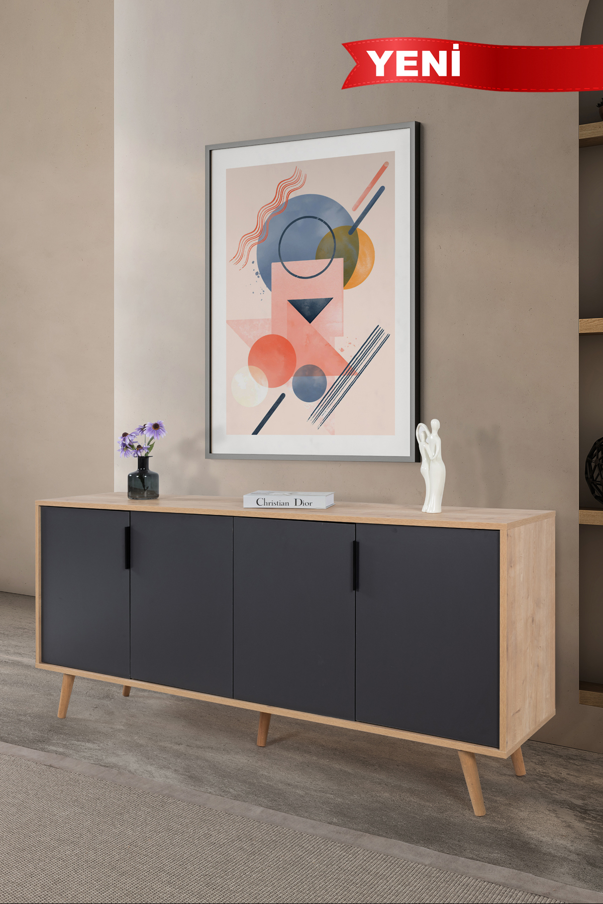 4816 Sırma 180 Cm (with WOODEN LEGS and METAL HANDLES ) Console , Sapphire-Anthracite, Living Room, Living Room
