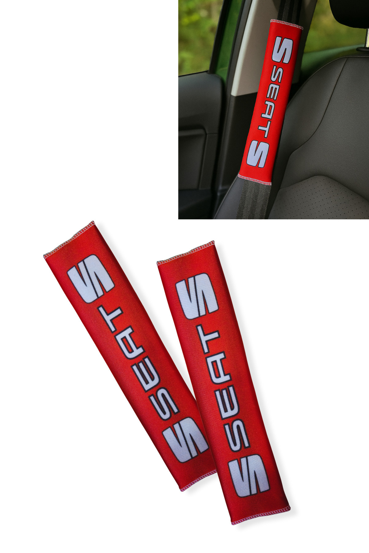 TUSBA MARKET Seat Dijital Baskılı Kırmızı Araç Emniyet Kemer Pedi / 2’li Set – Şık ve Konforlu Seyahat Aksesuarı