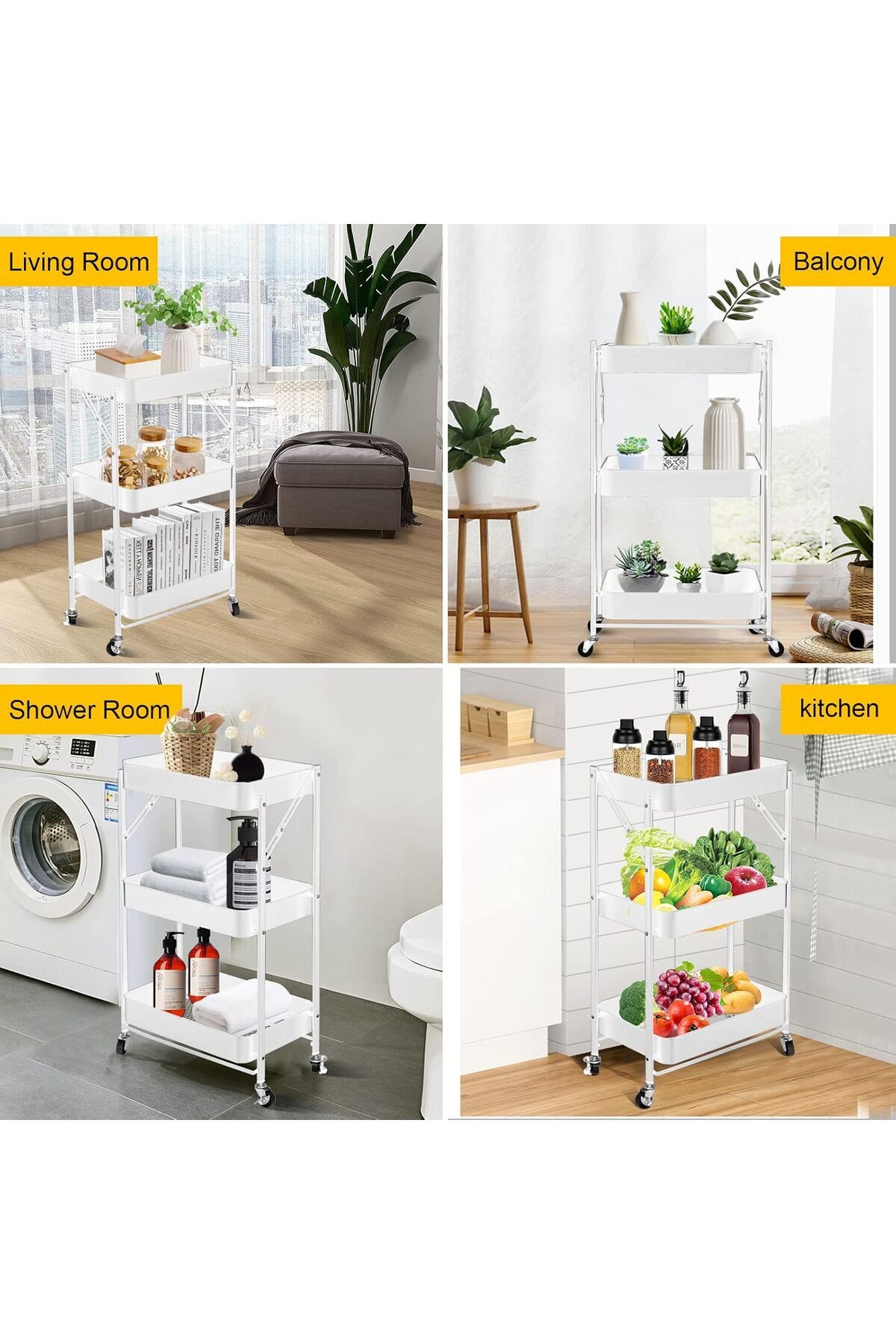 🧺 عربة تخزين ومنظم مطبخ معدنية قابلة للطي بـ3 طبقات,تصميم أنيق ومتعدد الاستخدامات للمطبخ وغرف البيت