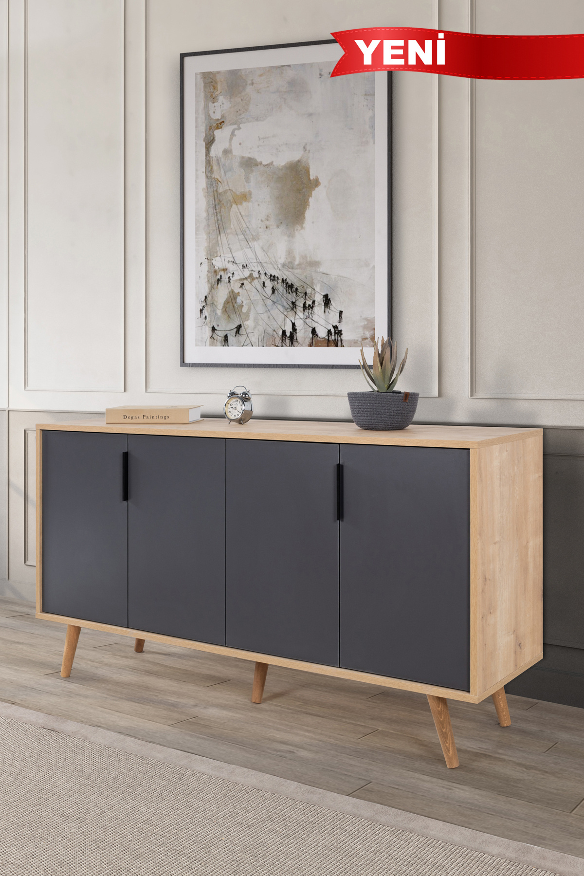 Evmo Home 4516 Sırma Konsol 150 Cm ( AHŞAP AYAKLI , METAL KULPLU ) , Safir - Antrasit , Salon , Oturma Odası