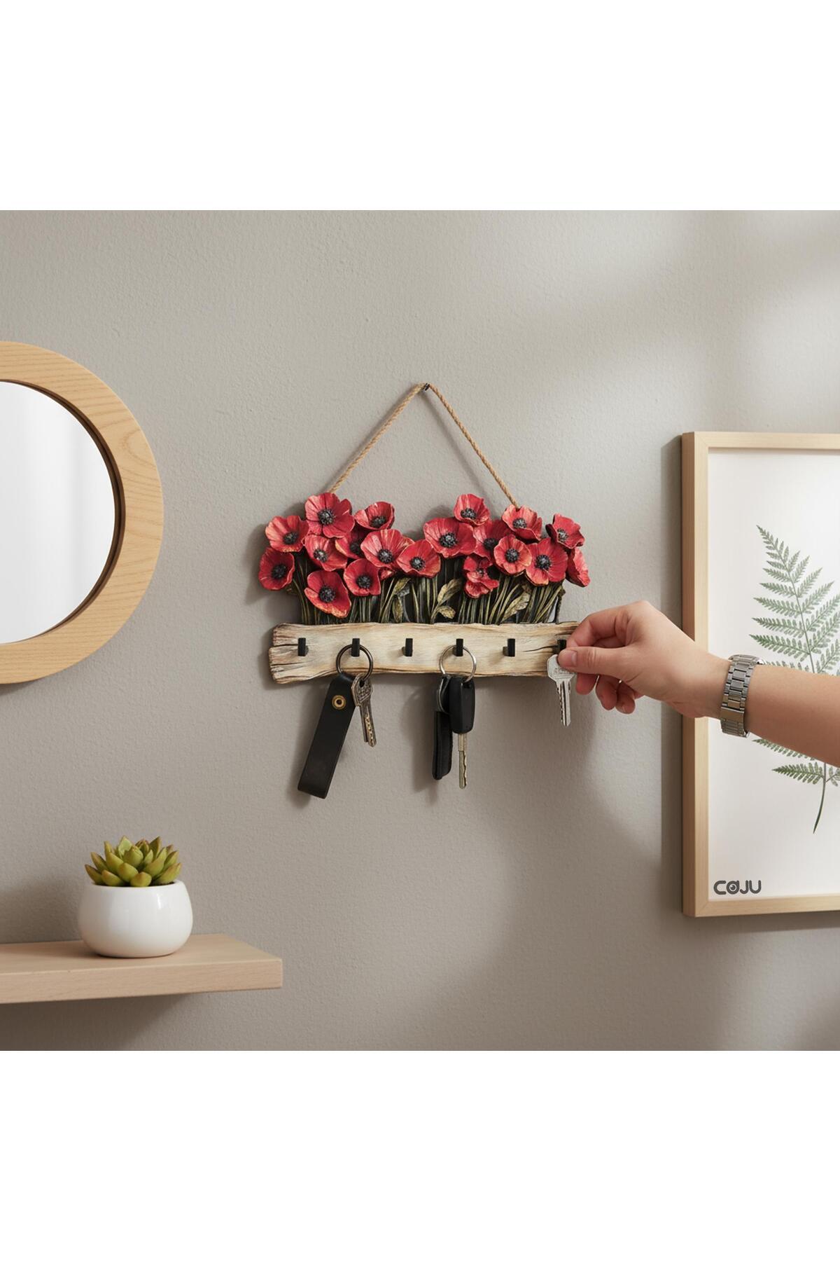 CajuArt Dekoratif Kırmızı Gelincik Çiçek Motifli Katmanlı Askılık Anahtarlık Duvar Dekoru