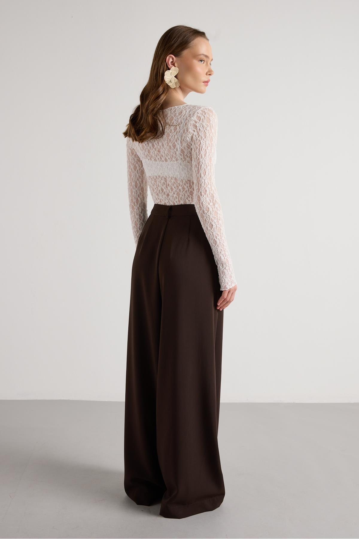 minaaise  Kadın Kahve Pileli Palazzo Pantolon 30068 - Görsel 5