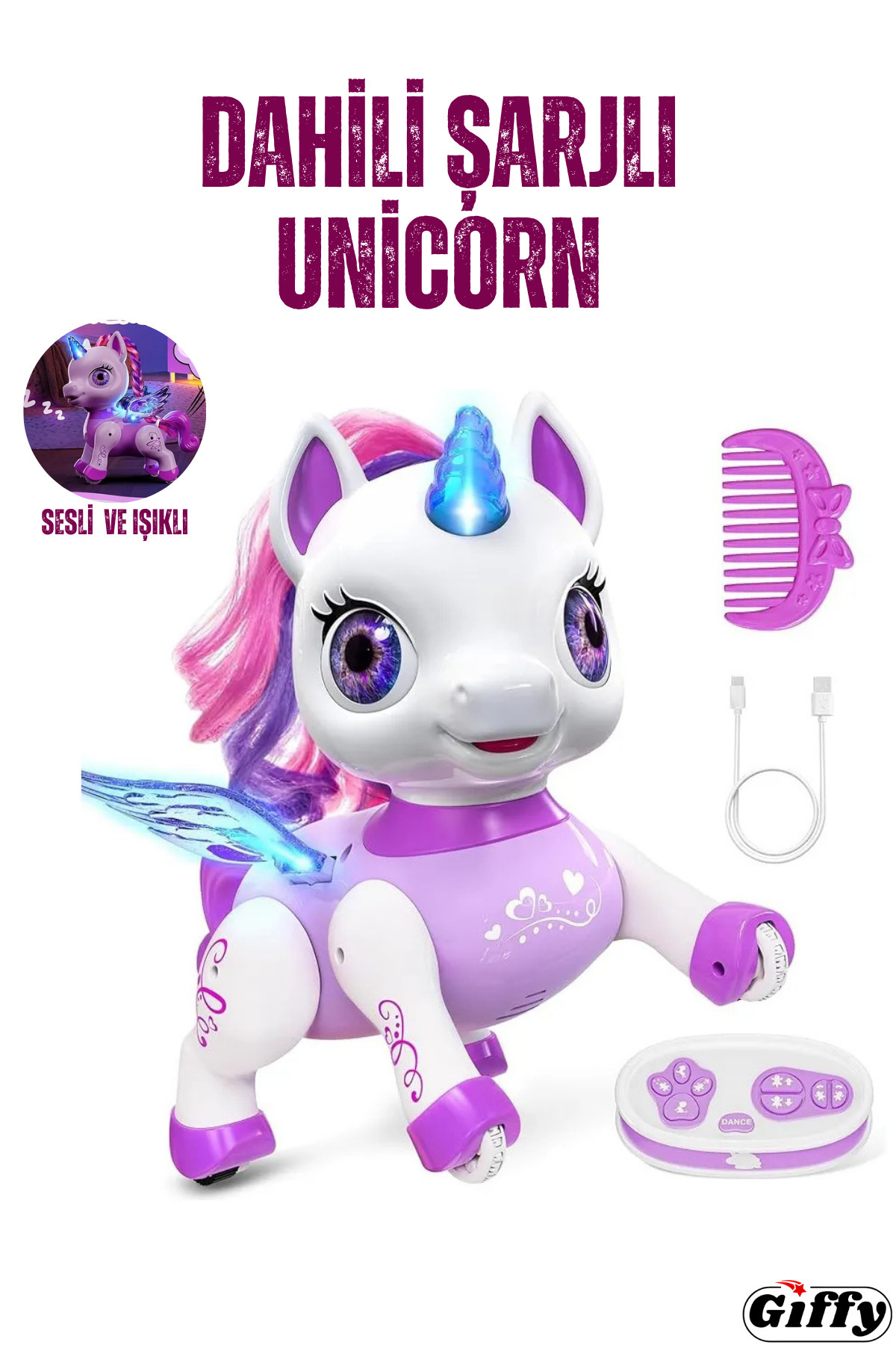 giffy Uzaktan Kumandalı Unicorn 🦄 Pilsiz Dahili Şarjlı Dans Eden