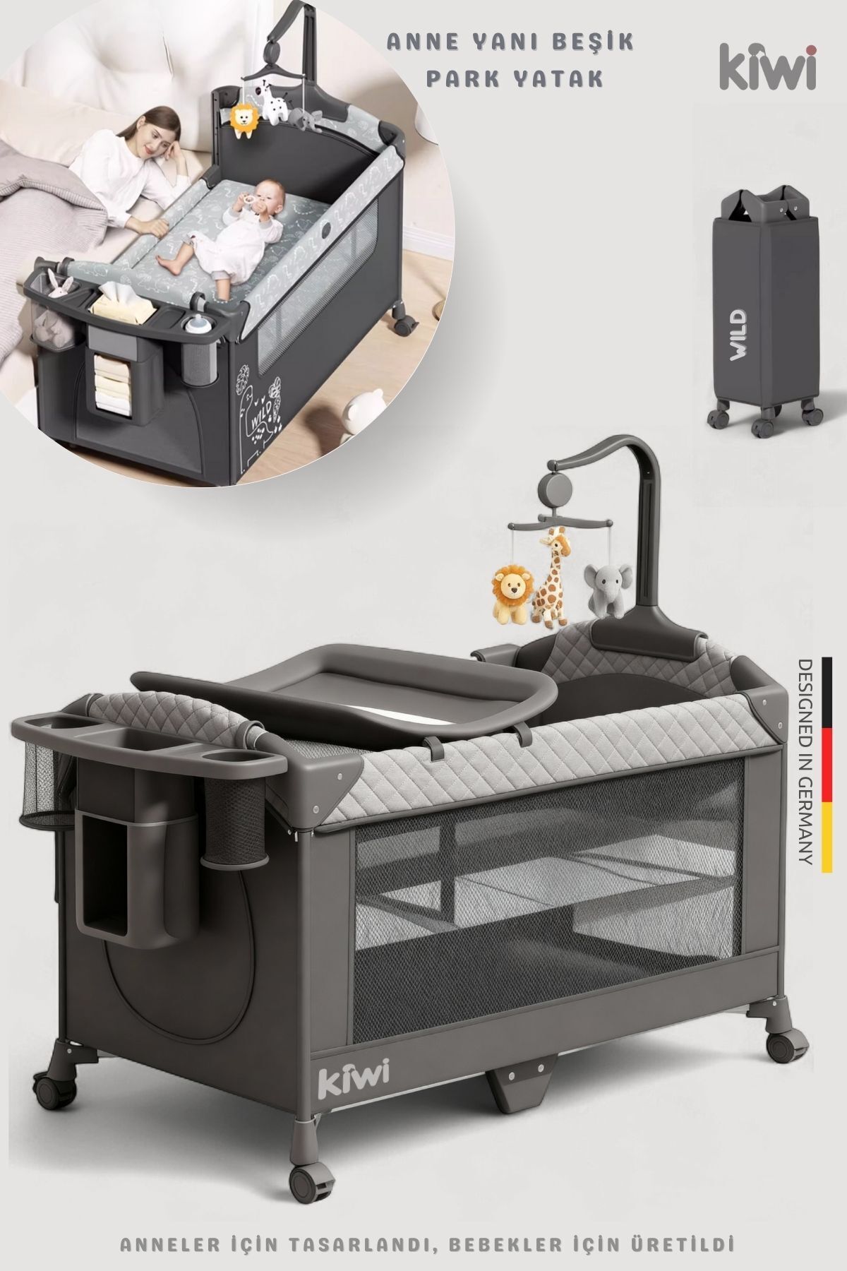 Kiwi Wild 3in1 Anne Yanı Park Yatak Katlanır Beşik, Tekerlekli, Yan Açılır