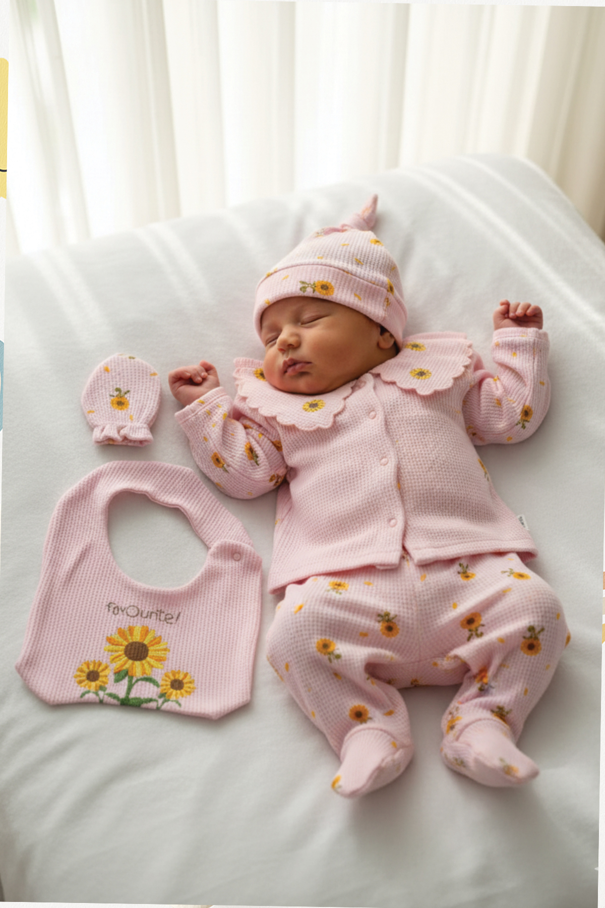 ICEFOX Kız Bebek 5 Parça Set Pamuklu Gofre Kumaş Pembe Ayçiçekli Bebe Yaka Yeni Doğan Hastane Çıkışı fotoğrafı 2 (önizleme)