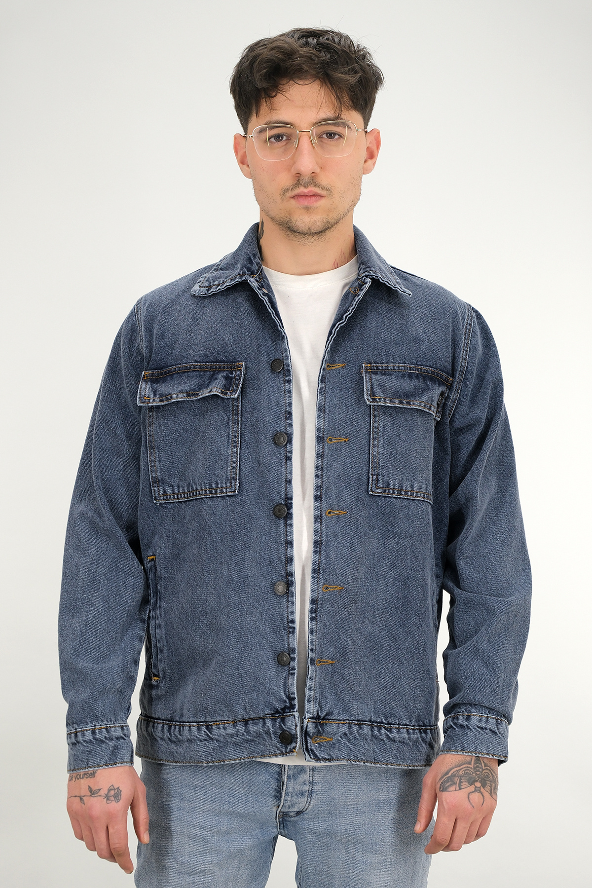 Souris  Erkek Lacivert Yıkamalı Kot Ceket Gömlek Yaka Kapaklı Çift Cep - Görsel 3