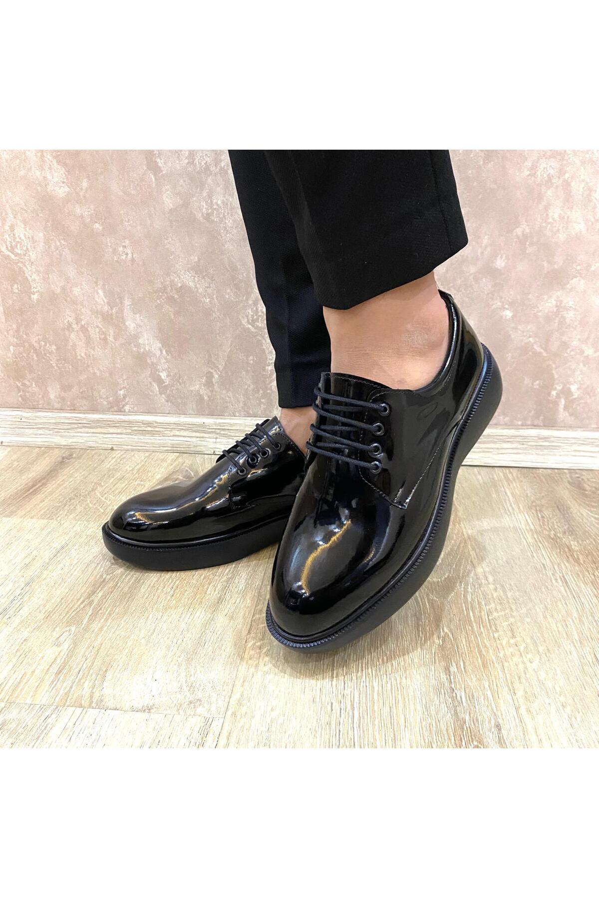Victoris  Siyah Parlak Kalın Taban Erkek Klasik Ayakkabı – Bağcıklı, Ortopedik ve Günlük Kullanıma Uygun - Görsel 5