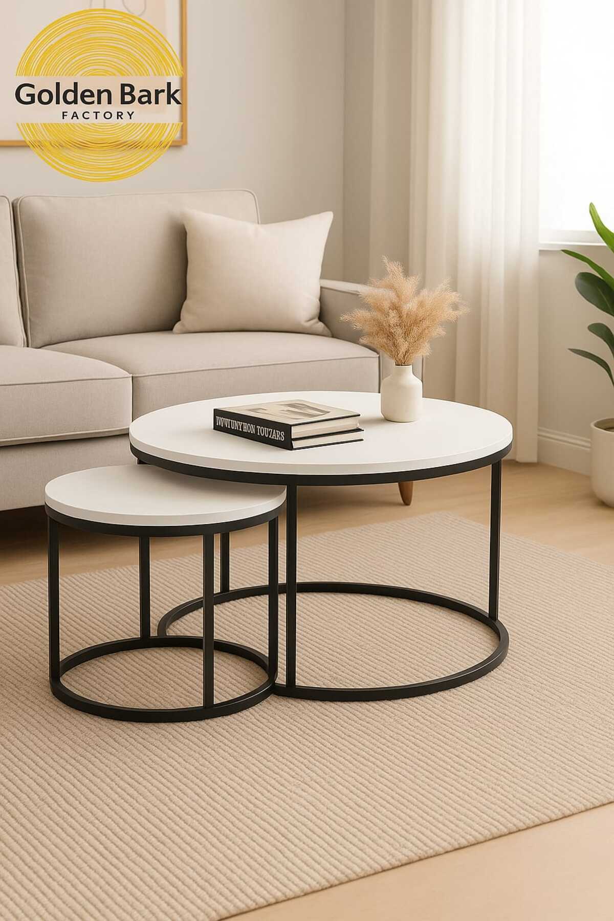 طاولة قهوة دائرية بيضاء طقم 2 خشب ومعدن أسود