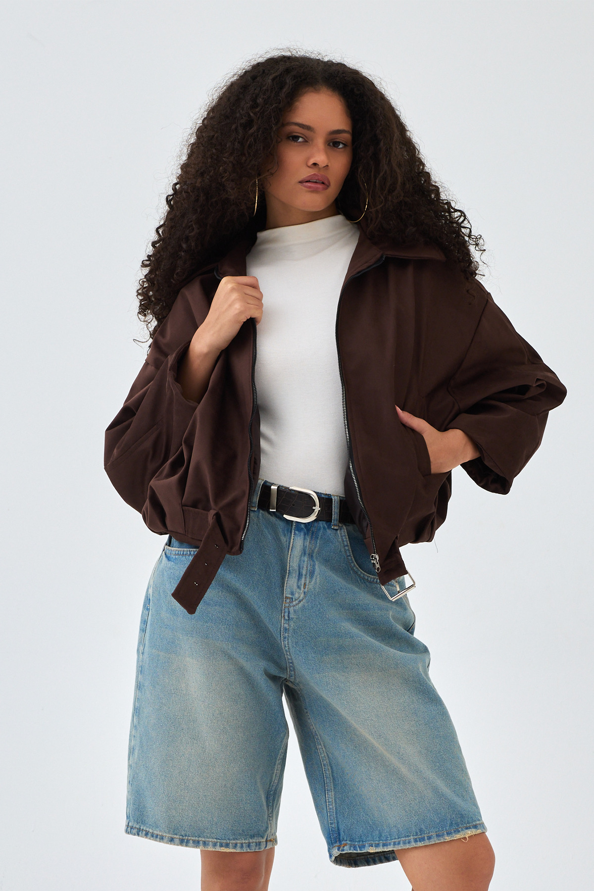 NET OF NOT  Kemerli Oversize Kadın Bomber Acı Kahve Süet Deri Ceket - Görsel 6