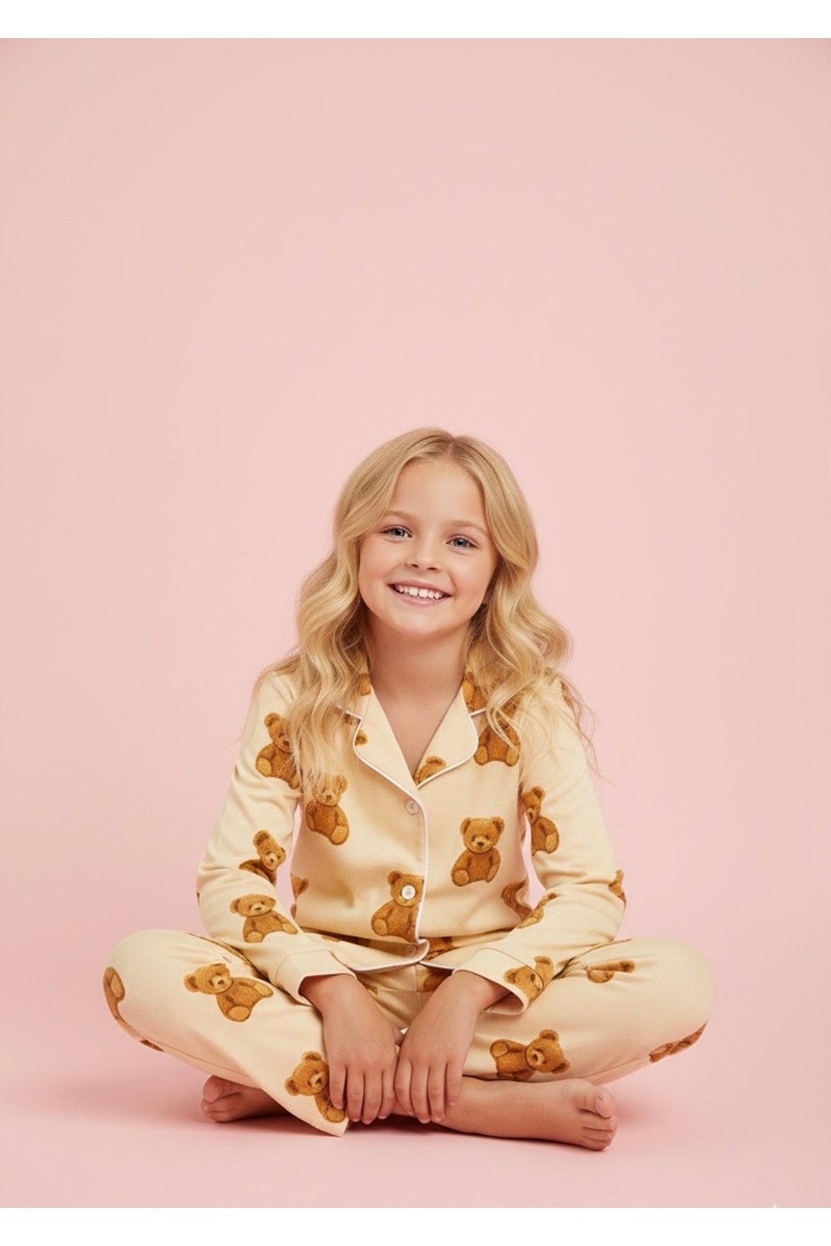 Beka Kids Ayıcık Desenli Uzun Kollu Önden Düğmeli Gömlek Yaka Kız Çocuk Pijama Takımı %100 Pamuklu fotoğrafı 6 (önizleme)