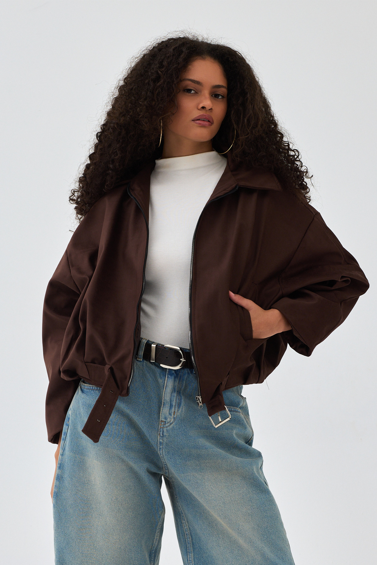 NET OF NOT  Kemerli Oversize Kadın Bomber Acı Kahve Süet Deri Ceket