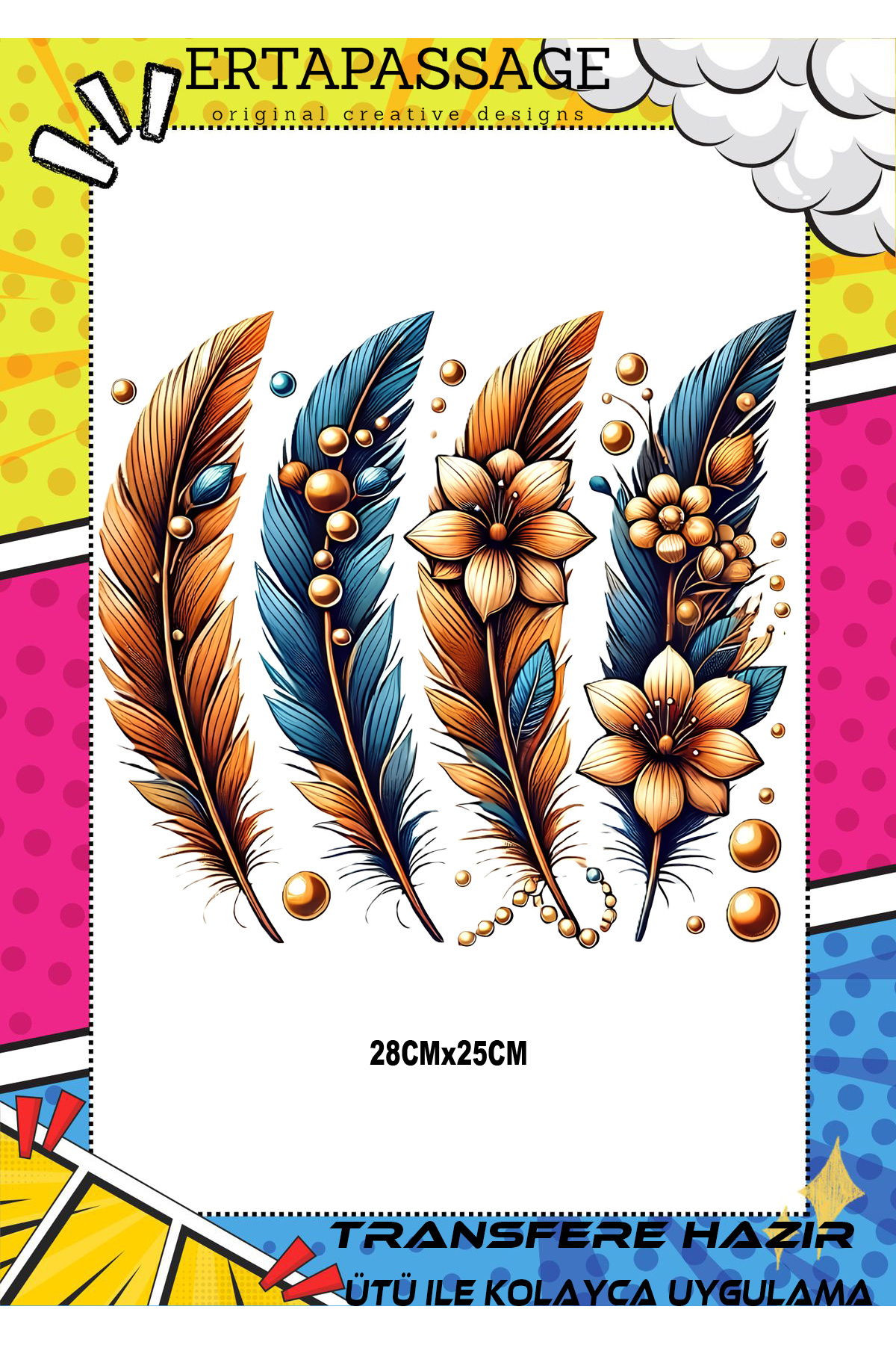 ErTaPassage Boho 1 Renkli Tüy Ütüyle DTF Transfer Deseni Kumaş, Tişört, Çanta İçin Uygun