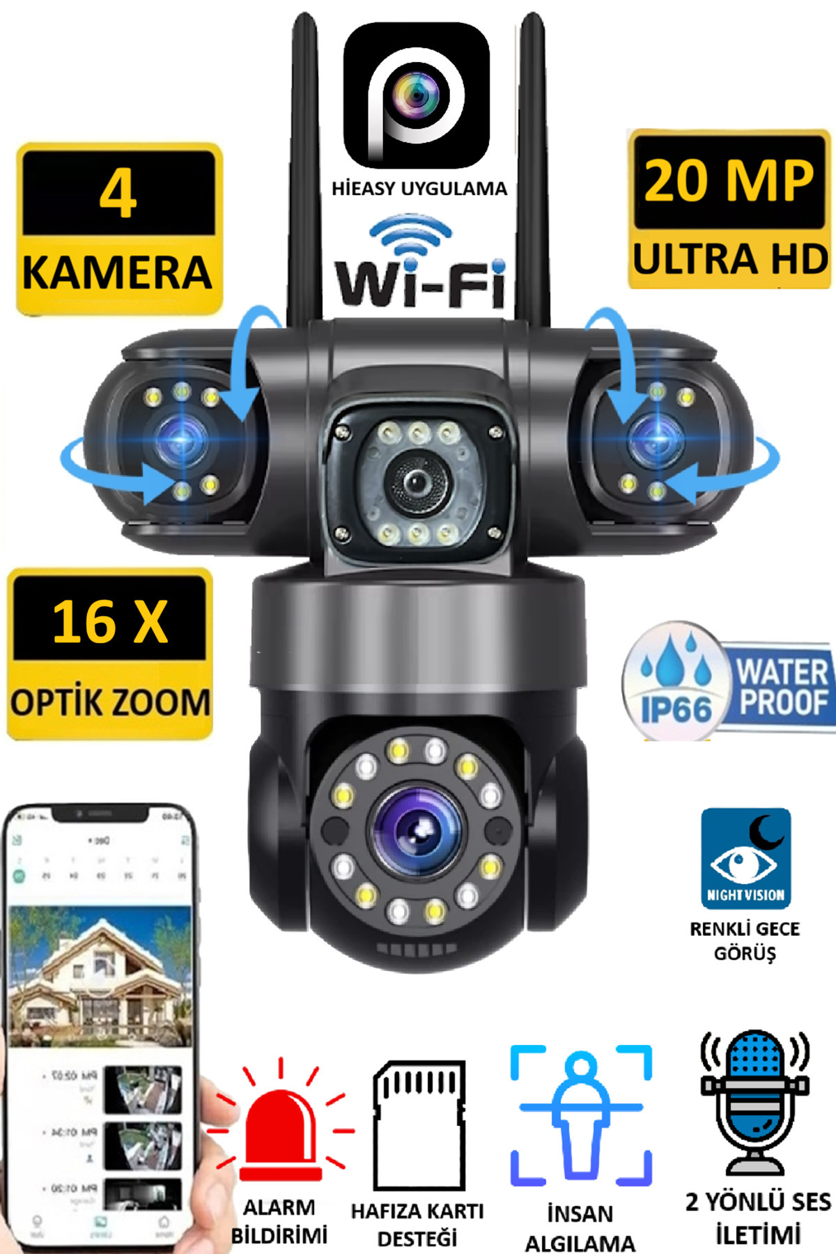 VİVATECH Pro 5904 20MP 4 Kameralı Wifi Akıllı Kamera 16X Zoom İnsan Takibi Çift Yönlü Ses Hieasy Türkçe