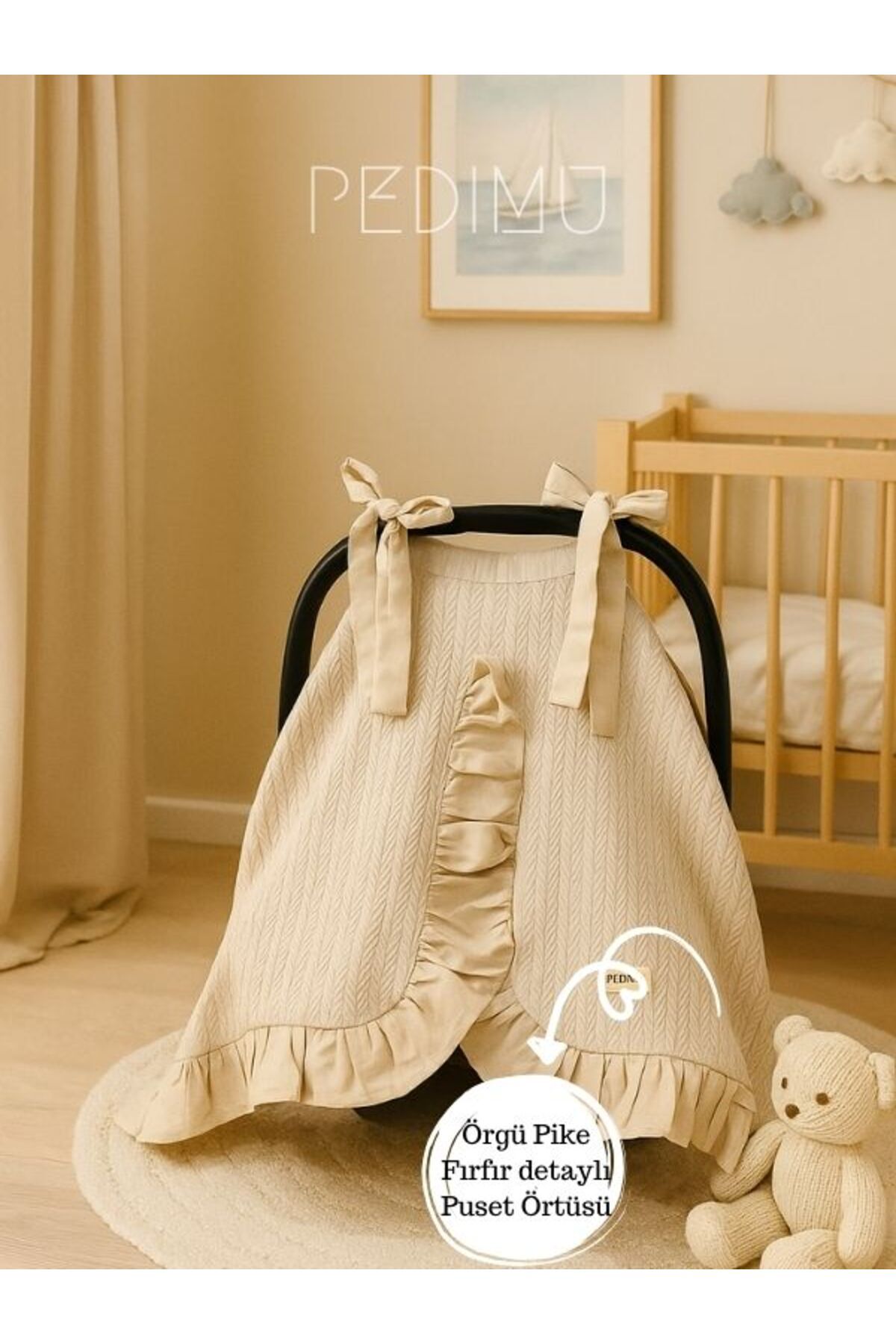 Pedimu Kışlık Pike Kumaş Bej Renk Fırfır Detaylı Puset Örtüsü