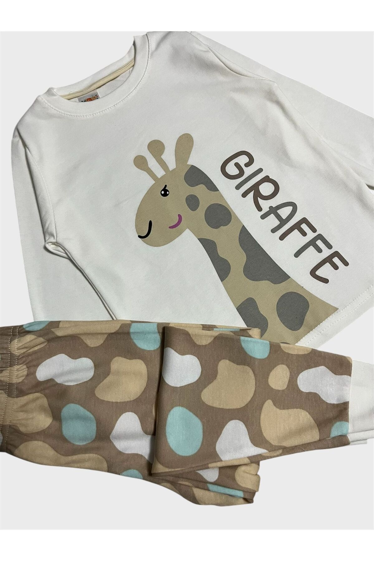 Genel Markalar Kız Çocuk %100 Pamuklu Beyaz Zürafa Desenli Uzun Kollu Pijama Takımı fotoğrafı 2 (önizleme)